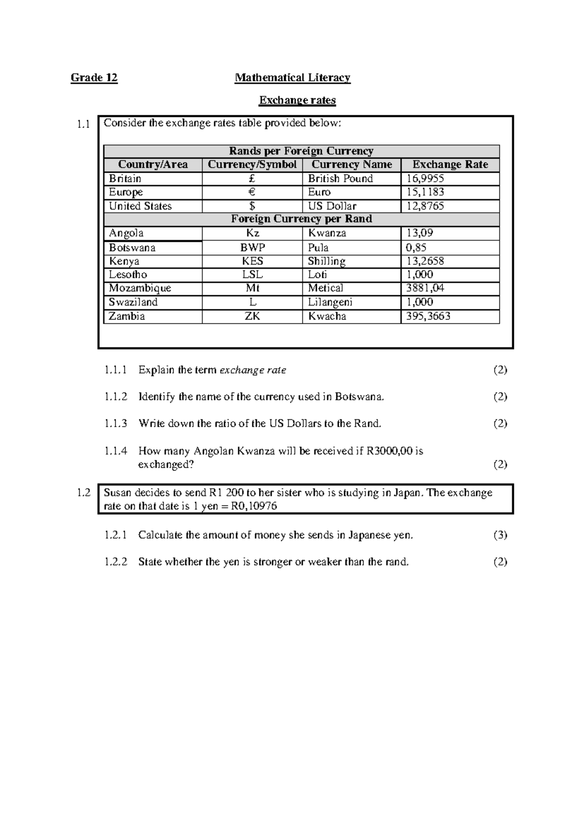 Grade 12 Mathematical Literacy: Exchange Rates Study Notes - Studocu