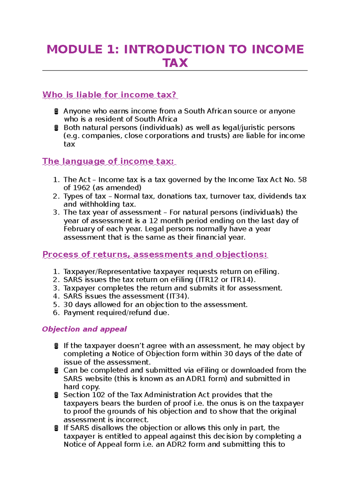 MODULE 1: INCOME TAX RETURNS - STUDY GUIDE SUMMARY - Studocu