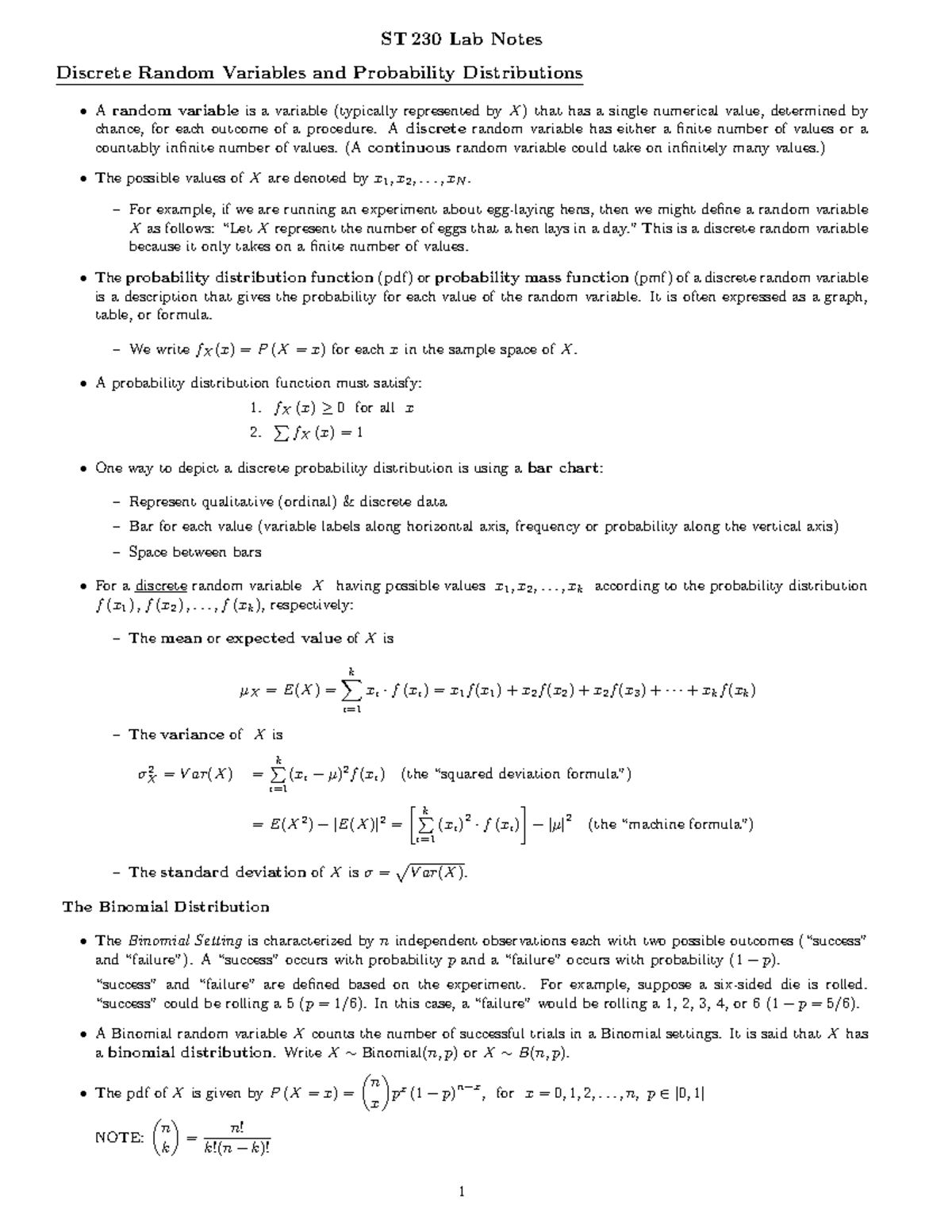 ST 230 Lab 3 Notes: Discrete Random Variables & Probability ...