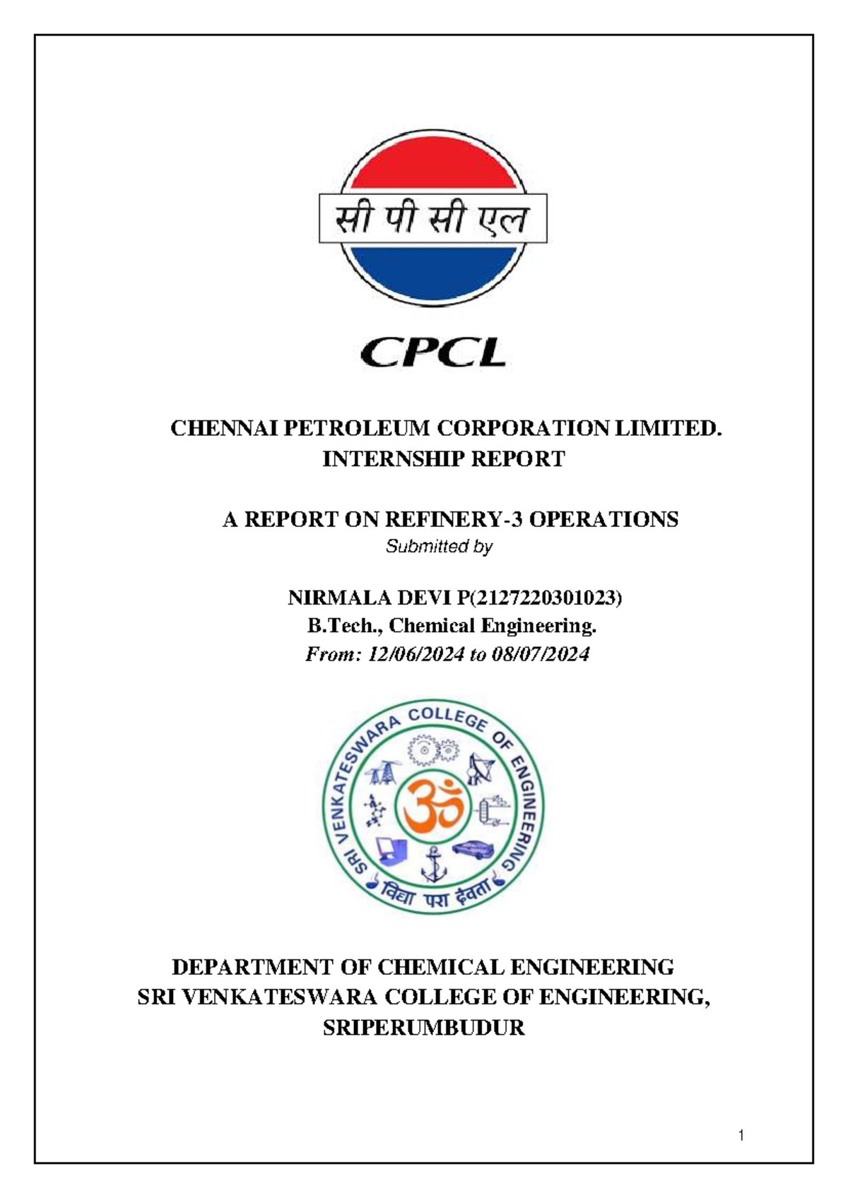 CPCL Internship Report: Operations Overview - B.Tech Chemical Engg ...