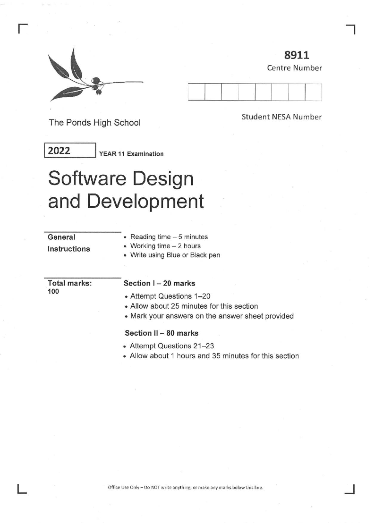 Software Design and Development 8911 Year 11 EOC Exam 2022 - Studocu