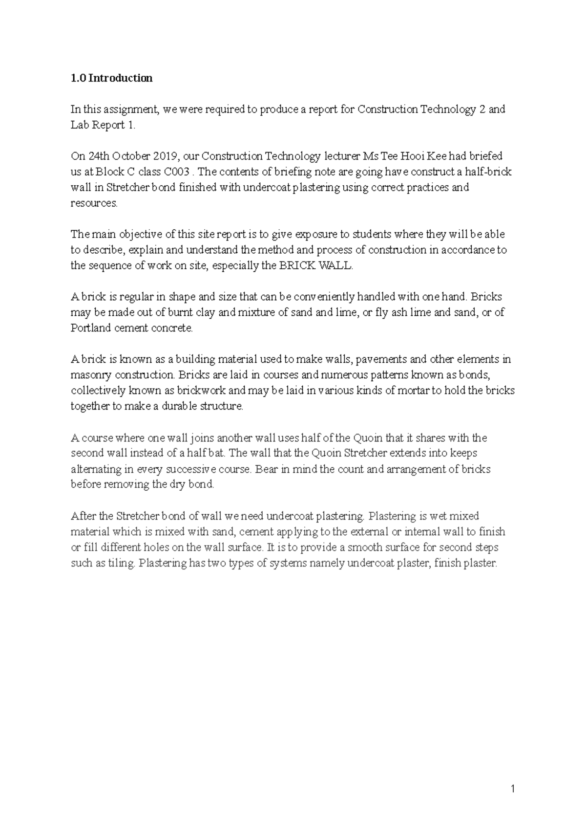 CT Lab Report 1: Construction of a Half-Brick Wall in Stretcher Bond ...