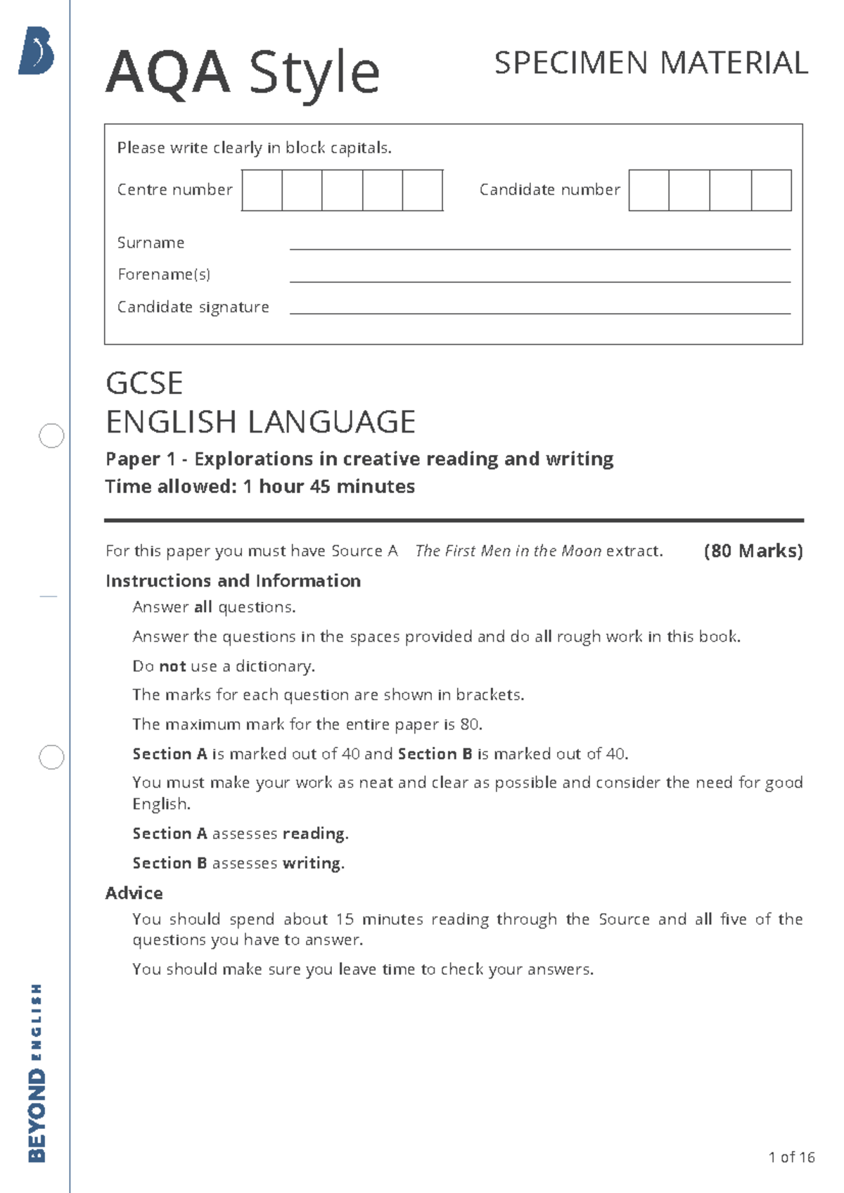 AQA GCSE English Language Paper 1: Creative Reading & Writing Exam ...
