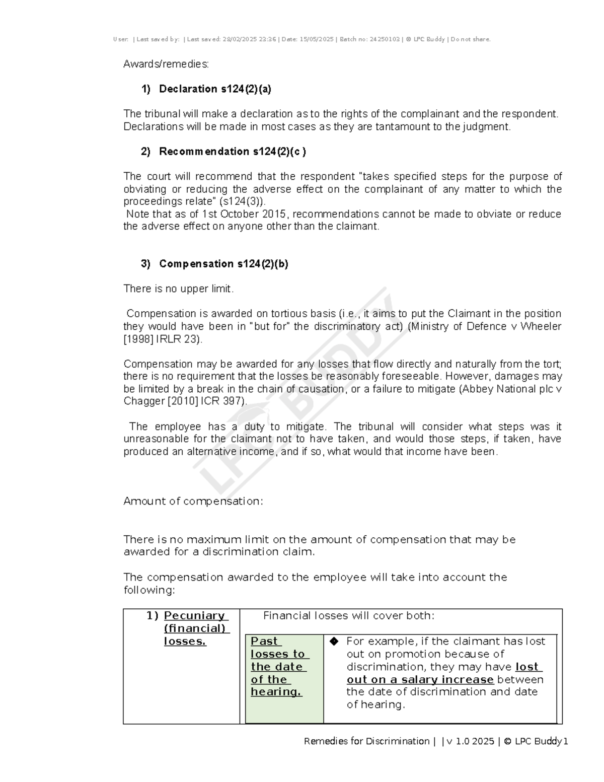 LPC 2025: Remedies for Discrimination - Compensation Overview - Studocu
