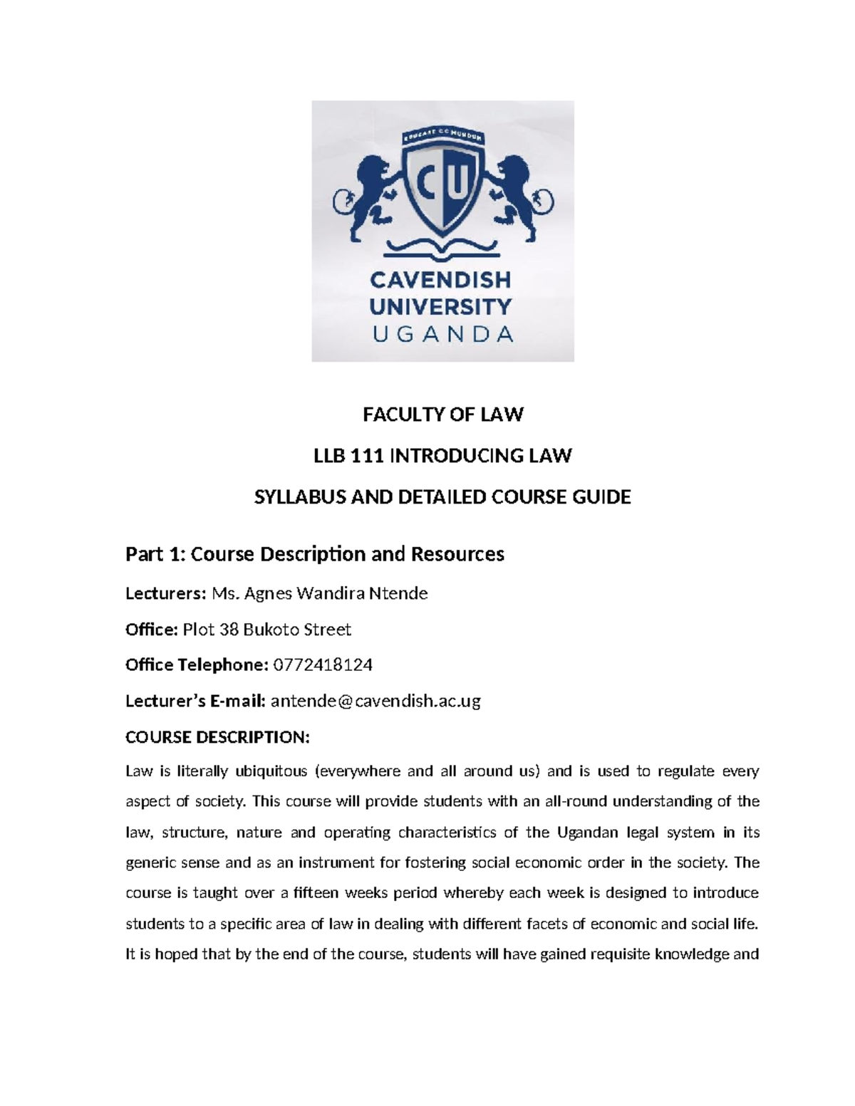 LLB 111 Introducing Law: Syllabus and Course Guide Overview - Studocu
