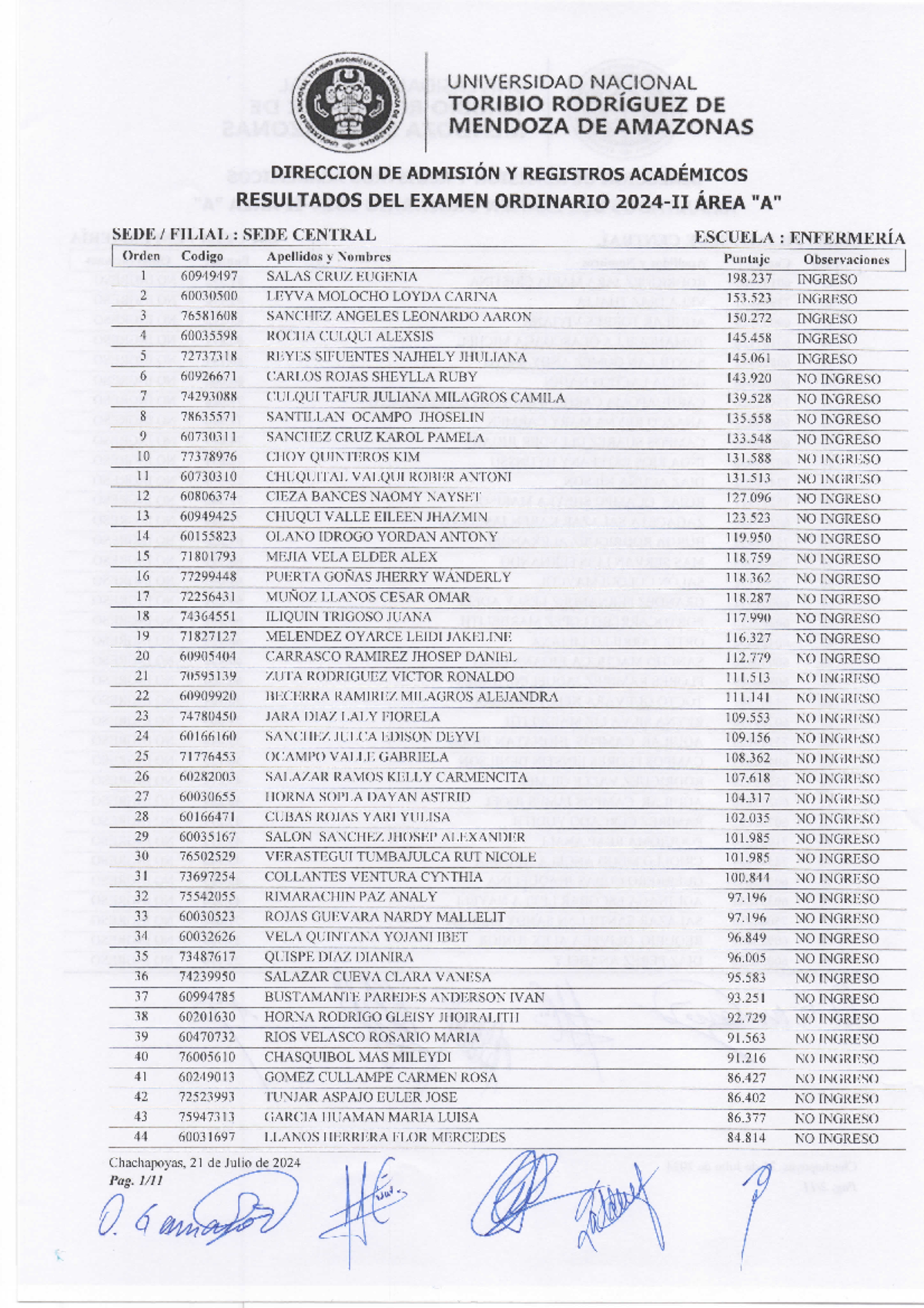 Resultados del Examen Ordinario 2024-II - Escuela de Enfermería - Document Preview