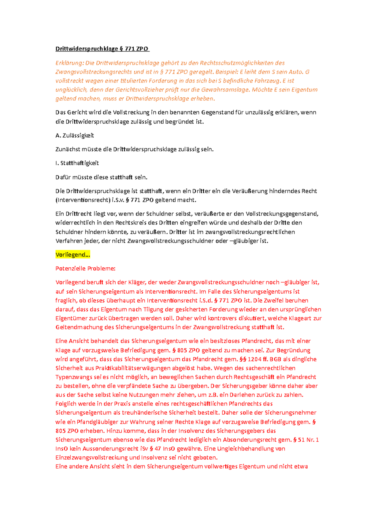 Finale bersicht zur Drittwiderspruchsklage gem  771 ZPO - Studocu