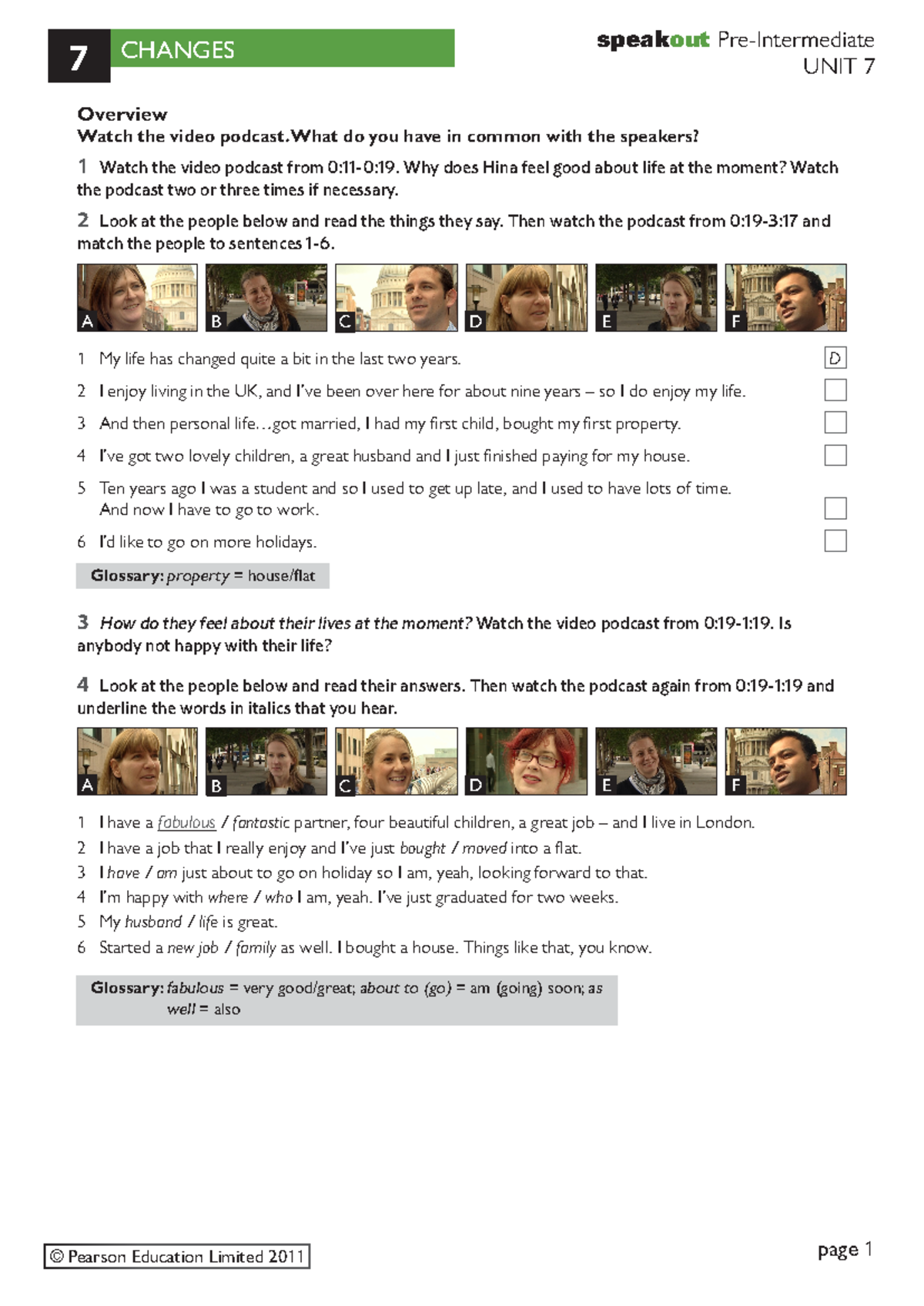 Unit7 - Taller pearsen - CHANGES 7 speakout Pre-Intermediate UNIT 7 ...