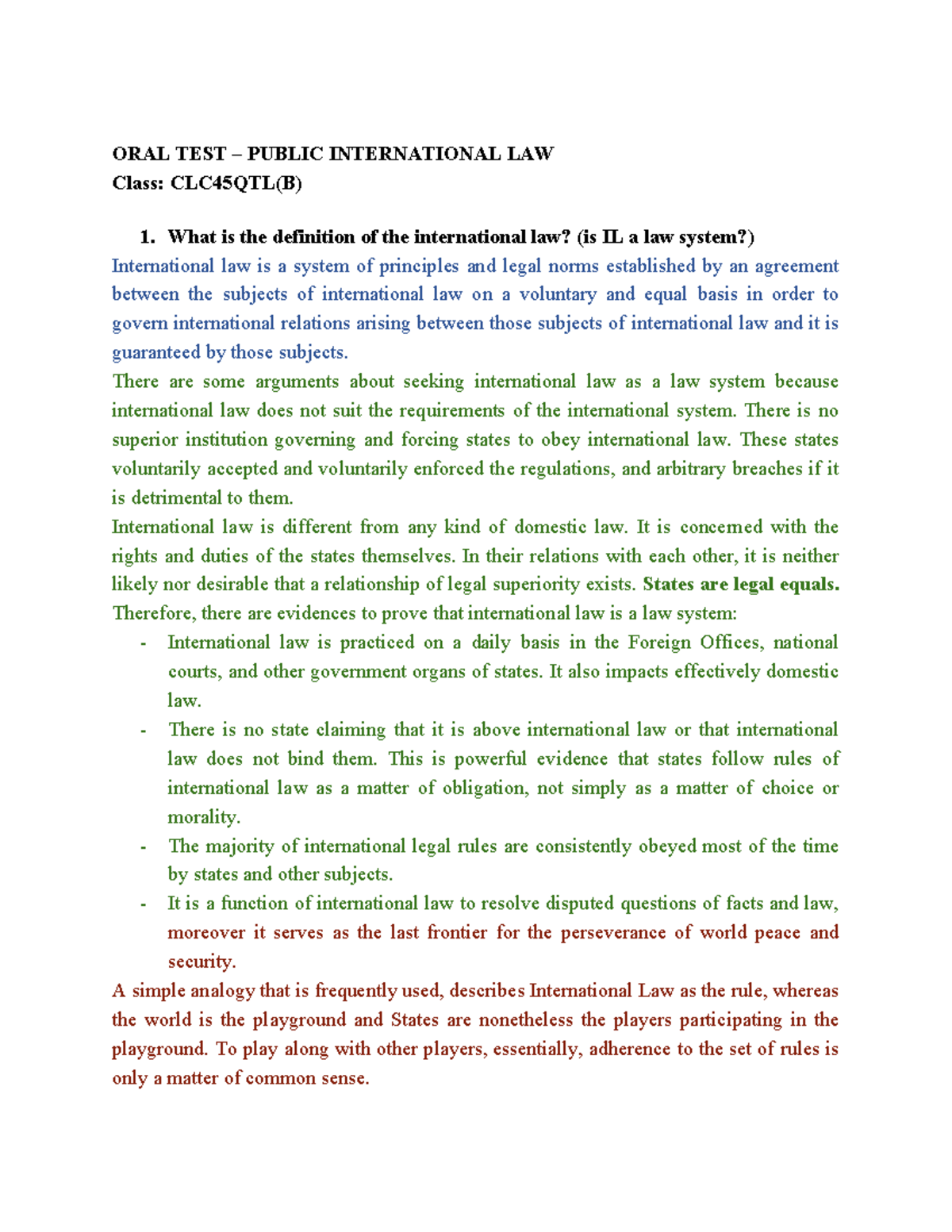 ORAL TEST: PUBLIC INTERNATIONAL LAW CLC45QTL(B) Study Guide - Studocu