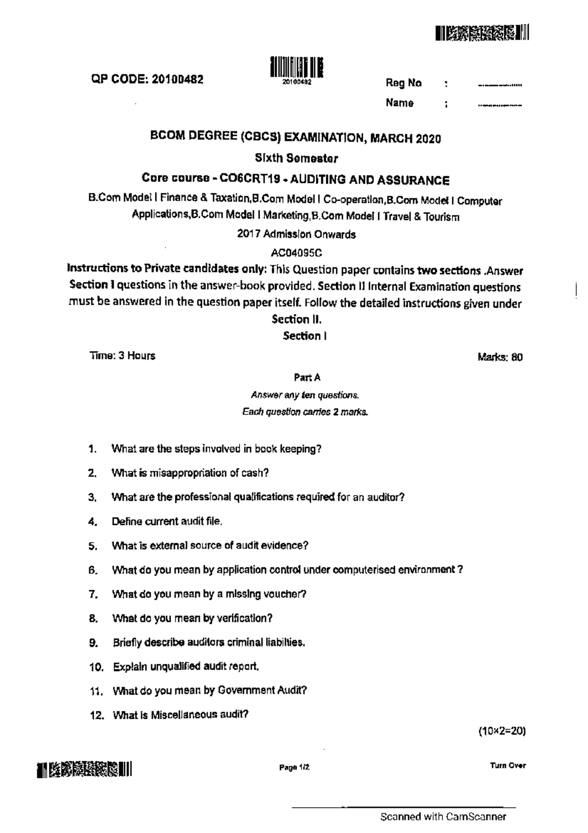 BCOM 6th Sem Auditing & Assurance Exam Paper - March 2020 - Studocu