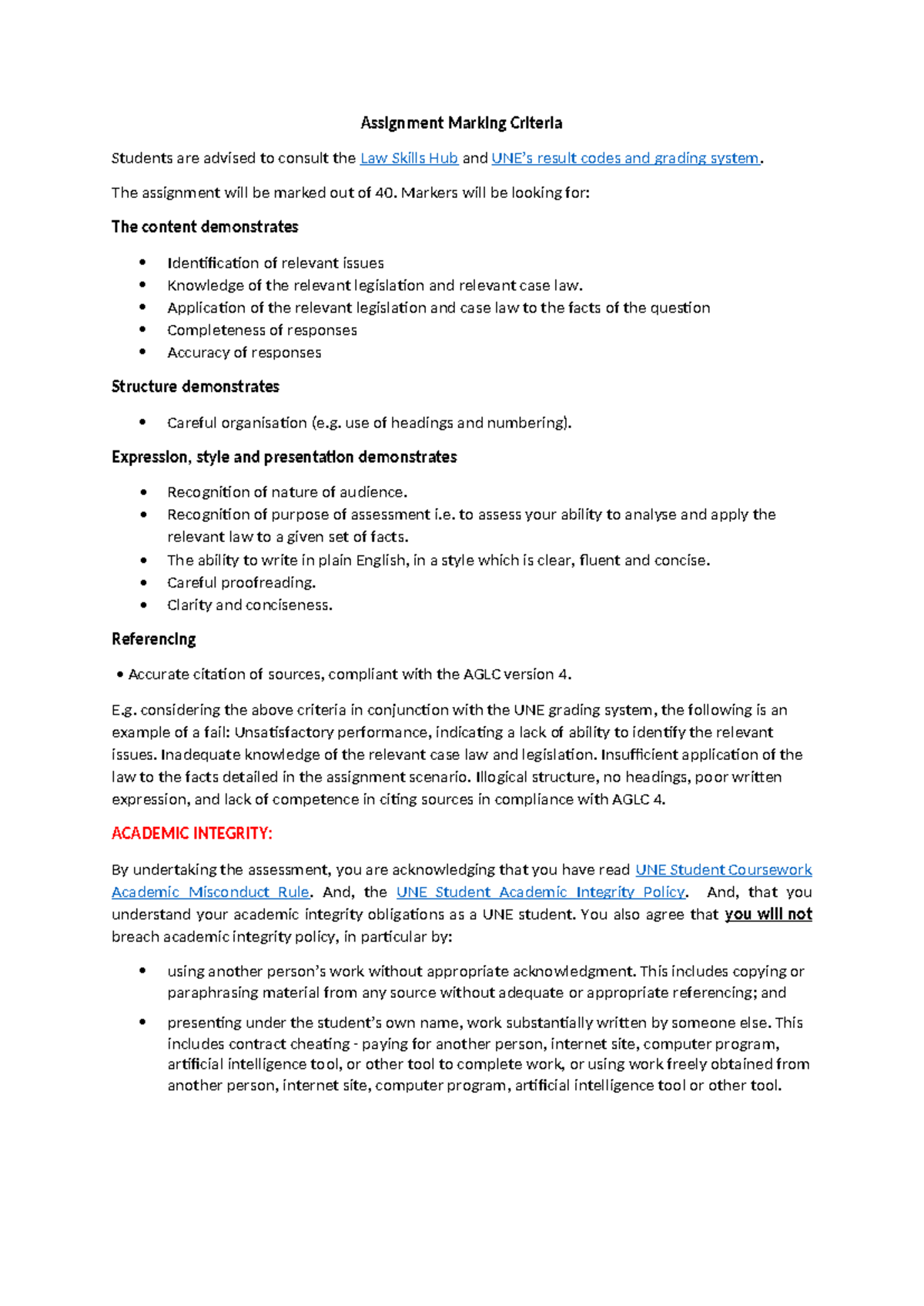 Assignment Marking Criteria for Law (LAWS101) - Grading Guidelines ...