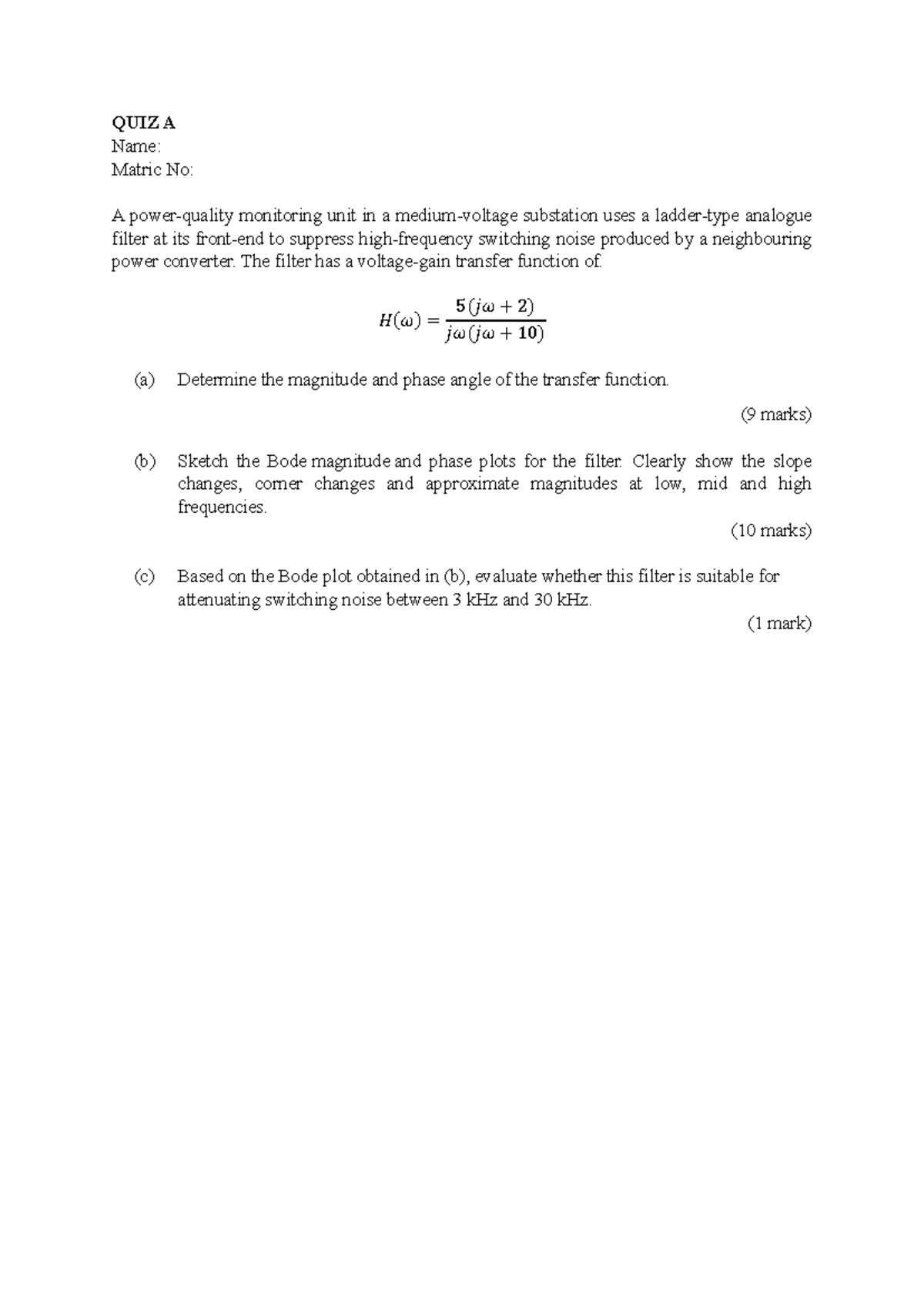 QUIZ Chap 4 - Analogue Filter Analysis and Bode Plots - Studocu