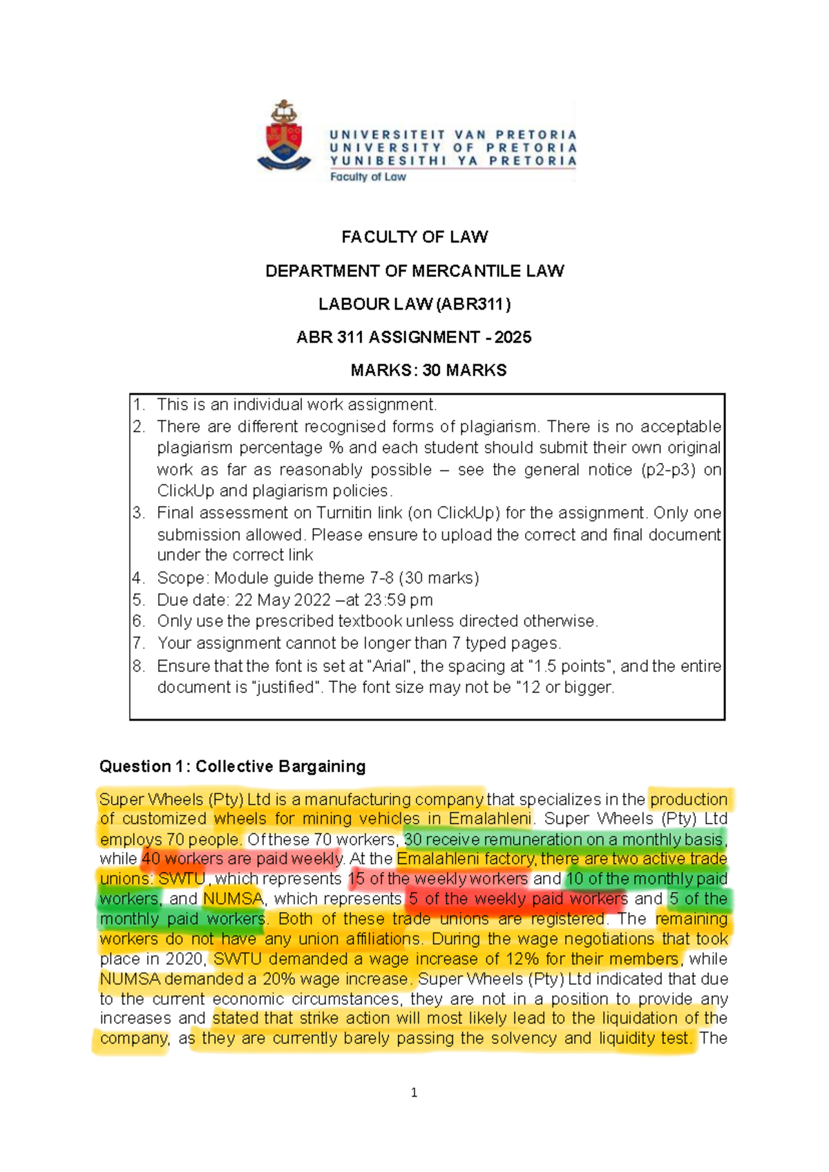 ABR 311 Labour Law Assignment - Collective Bargaining Case Study - Studocu