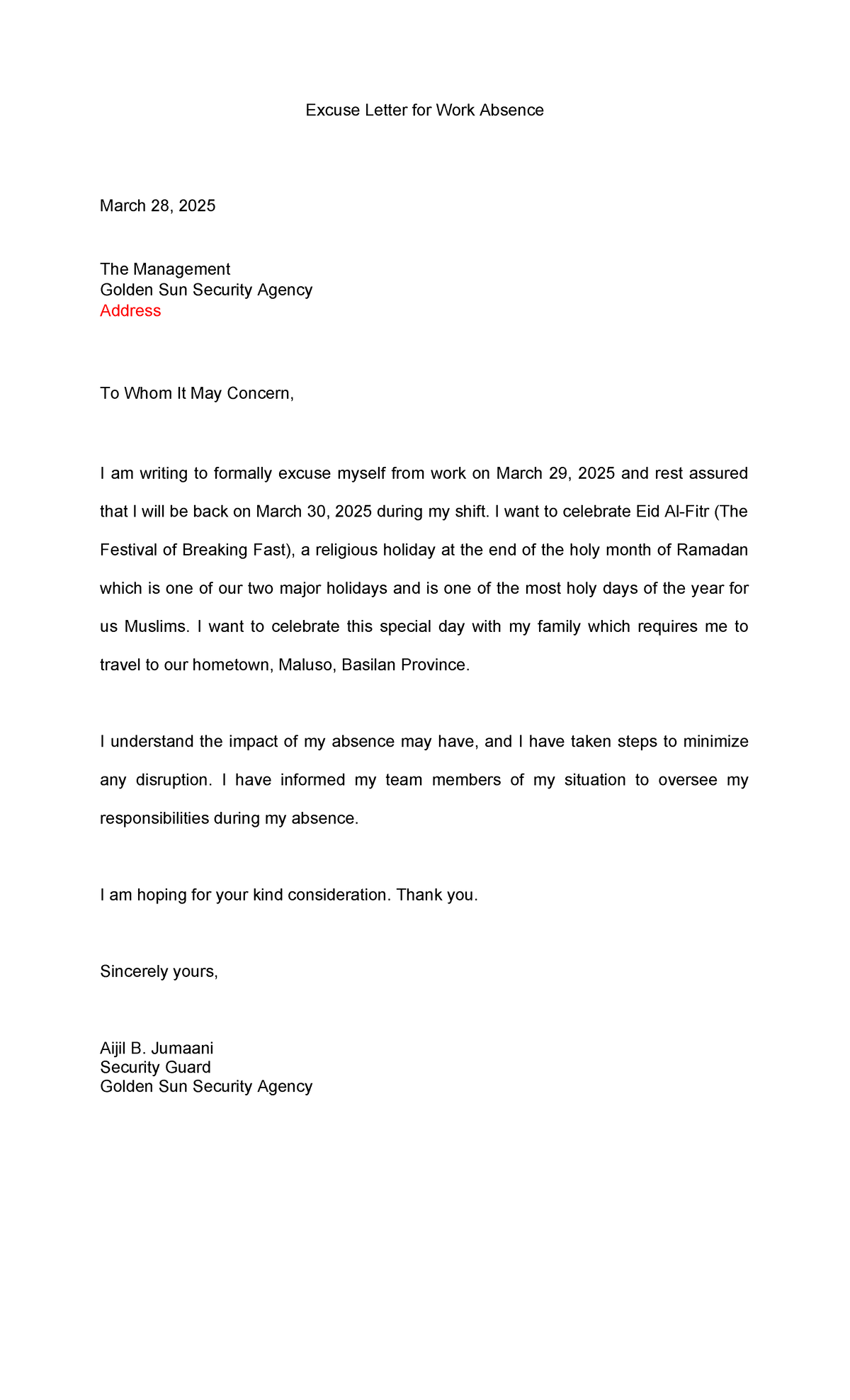 Sample Excuse Letter for Work Absence - Eid Celebration - Studocu