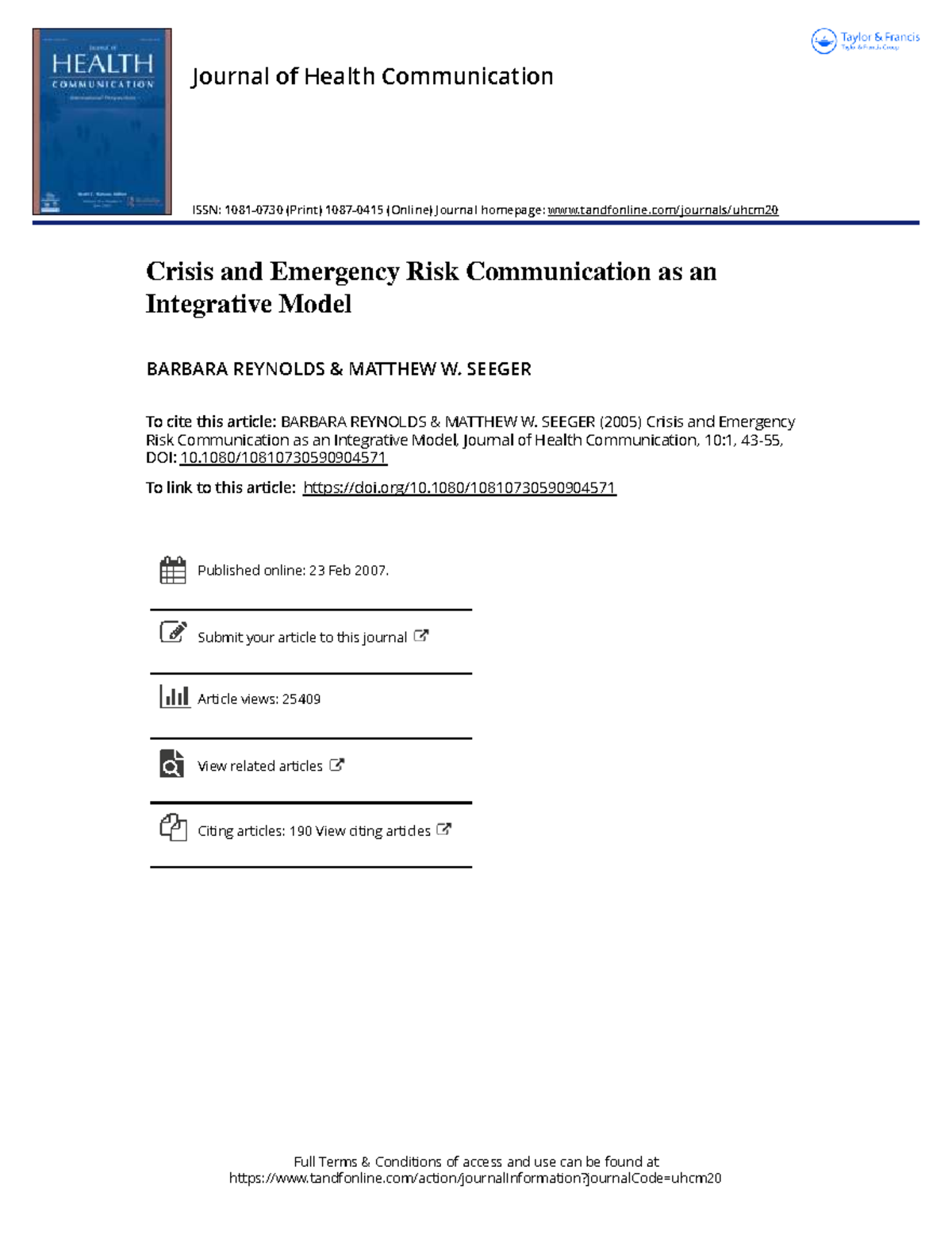 Crisis and Emergency Risk Communication: An Integrative Model Study ...