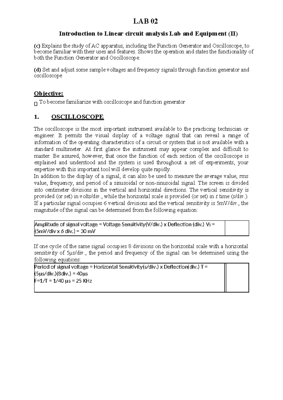 LAB 02 - Oscilloscope and Function Generator Analysis in Linear ...