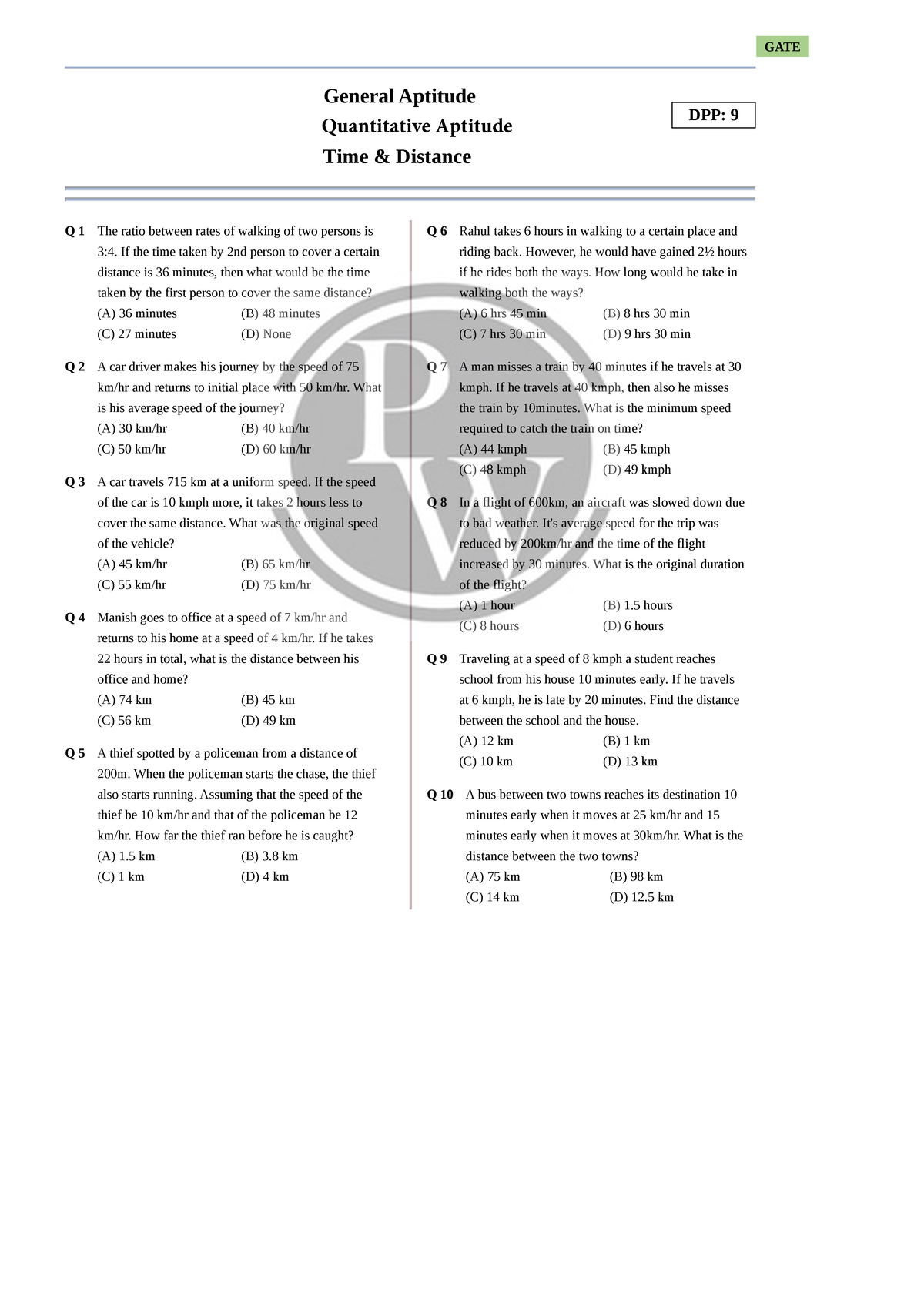 GATE General Aptitude DPP 9: Time and Distance Questions - Studocu