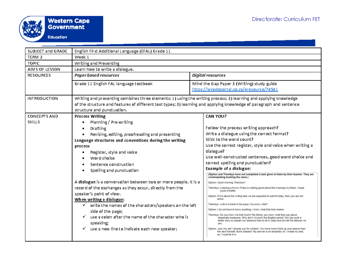 English FAL Dialogue Writing Guide: Grade 11 Term 2 Week 1 2020 - Studocu