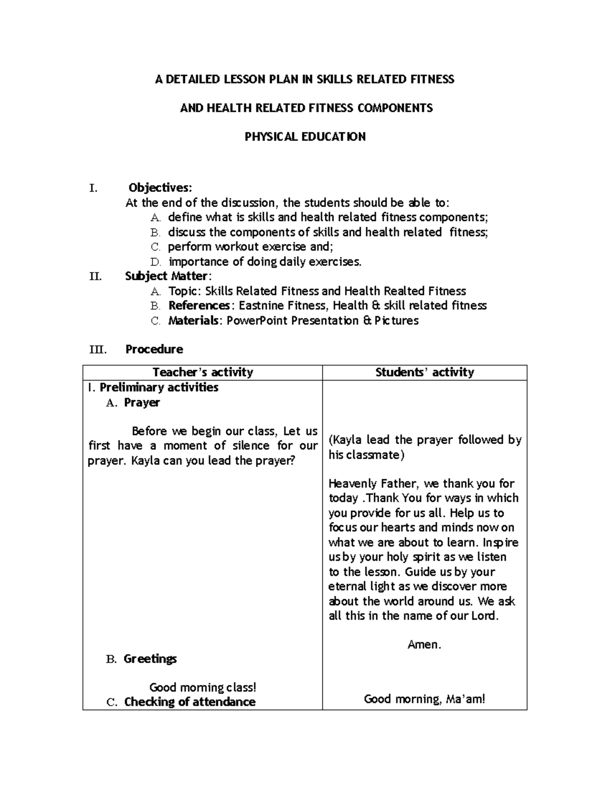 A Detailed Lesson Plan on Skills Related & Health Related Fitness - Studocu