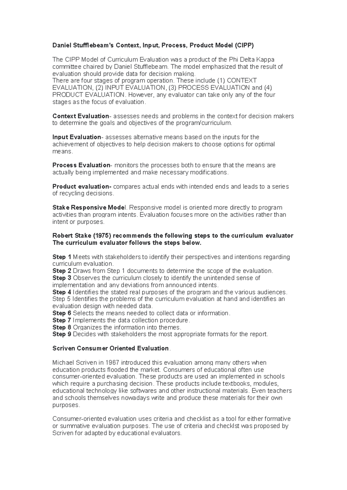 CIPP Model of Curriculum Evaluation by Daniel Stufflebeam - Studocu