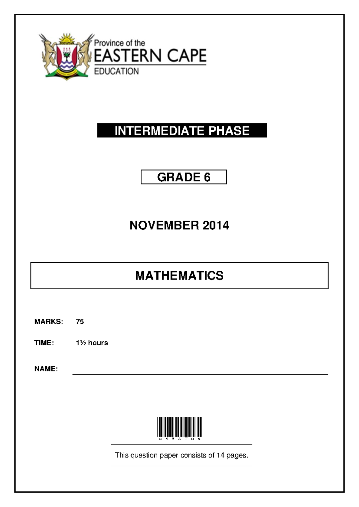 Grade 6 Mathematics November 2014 Test Paper - Studocu
