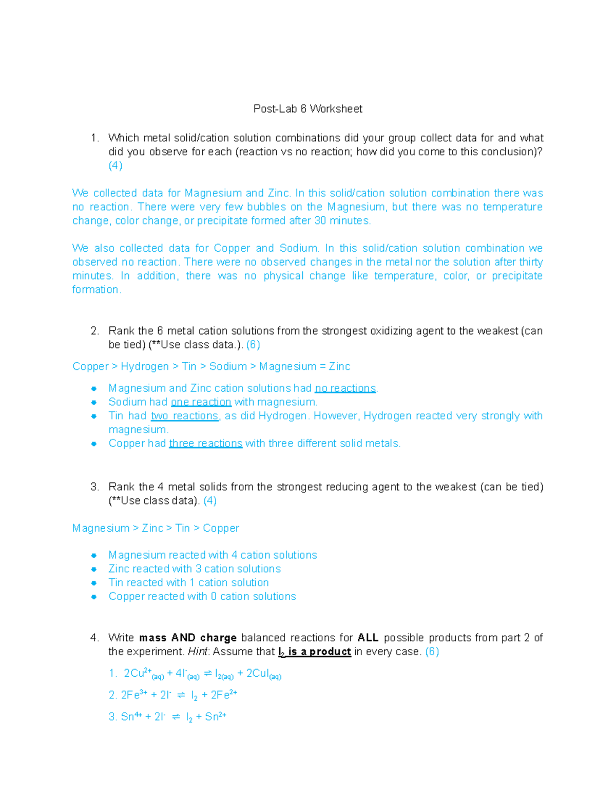 Post Lab 6 - Worksheet on Metal Reactions and Rankings - Studocu