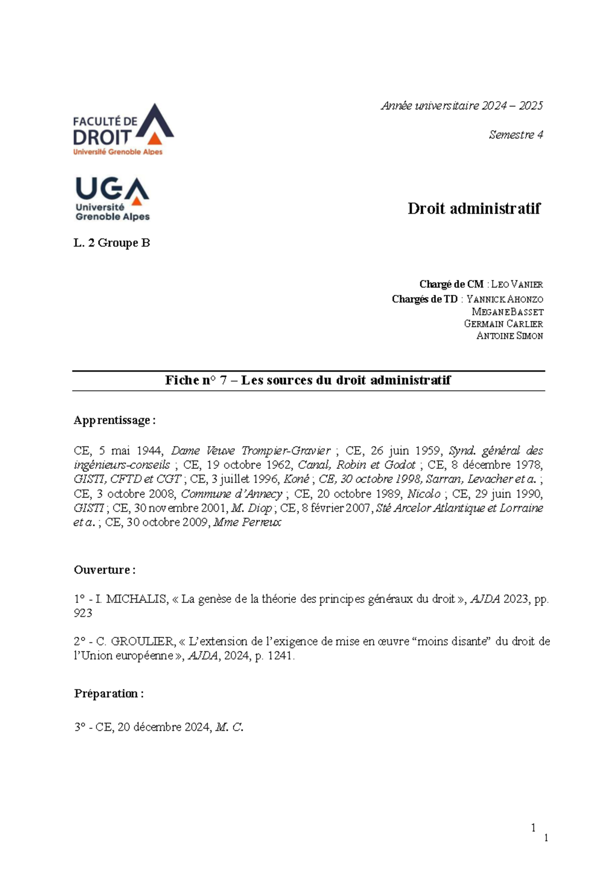 TD DA - Fiche 7 : Les Sources du Droit Administratif (2024-2025) - Studocu