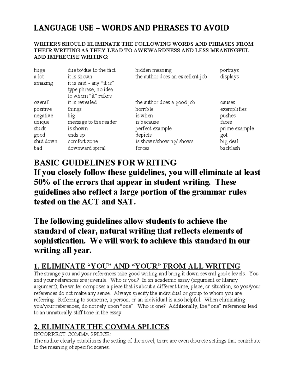 Language Use and Basic Writing Guidelines - LANGUAGE USE – WORDS AND ...
