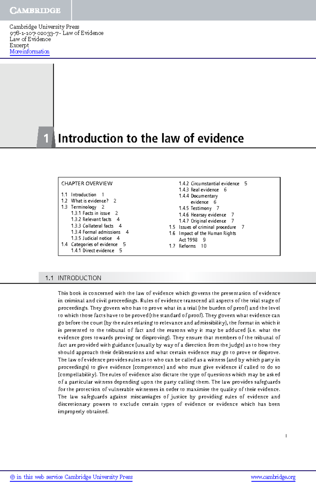 Lecture Notes: Law of Evidence Overview and Categories (LAW101) - Studocu