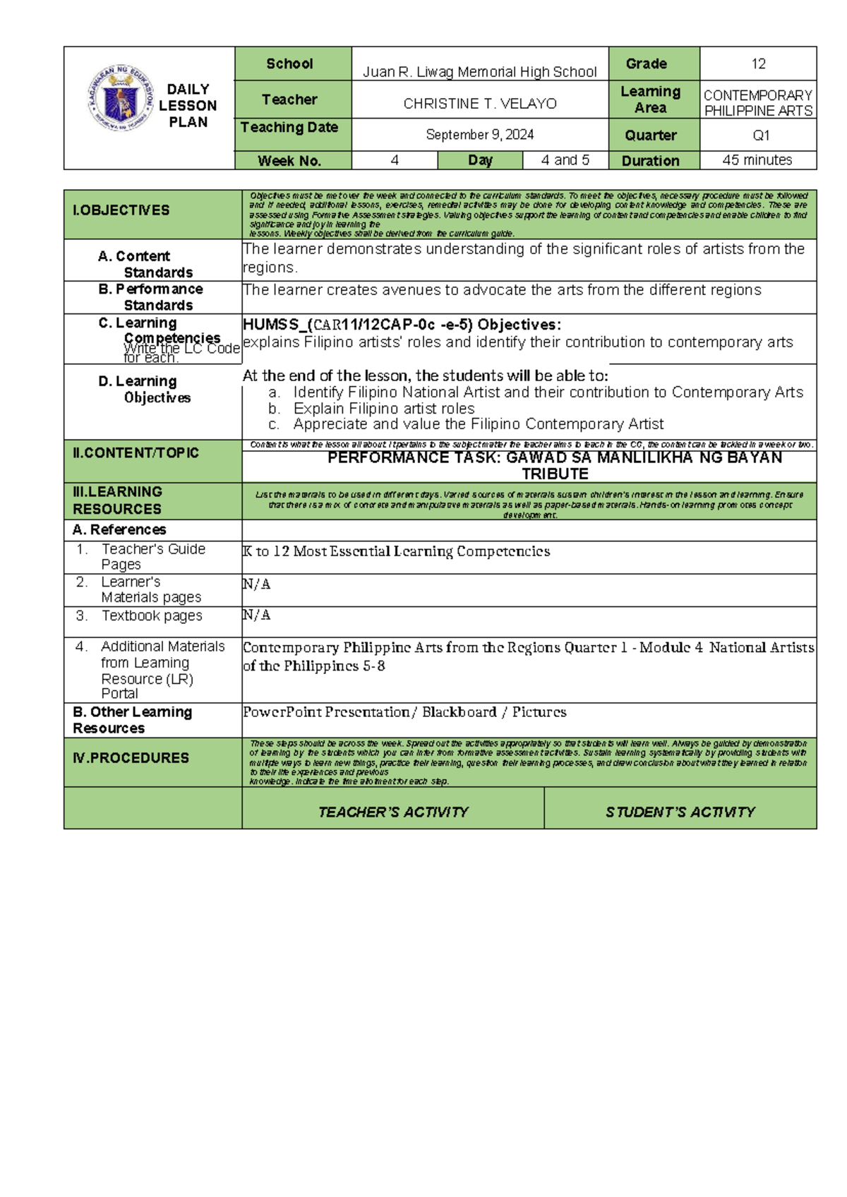 CPAR 12: Daily Lesson Plan for Contemporary Philippine Arts - Week 3 ...