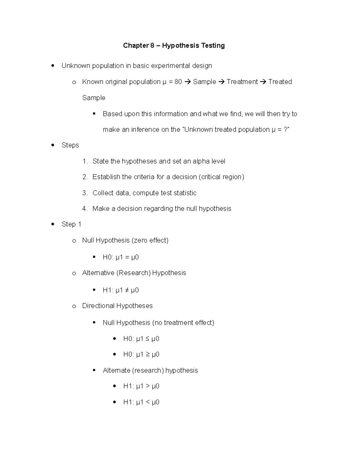 Chapter 8 - Lecture notes 9 - Chapter 8 – Hypothesis Testing Unknown ...