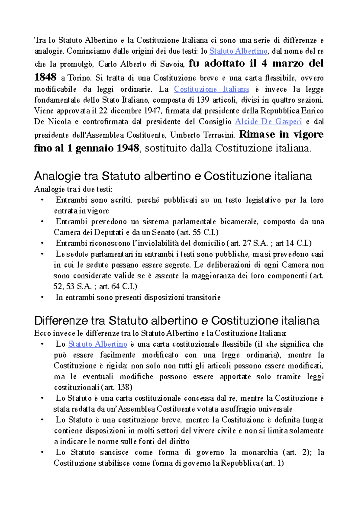 Differenze e analogie tra Statuto Albertino e Costituzione Italiana ...