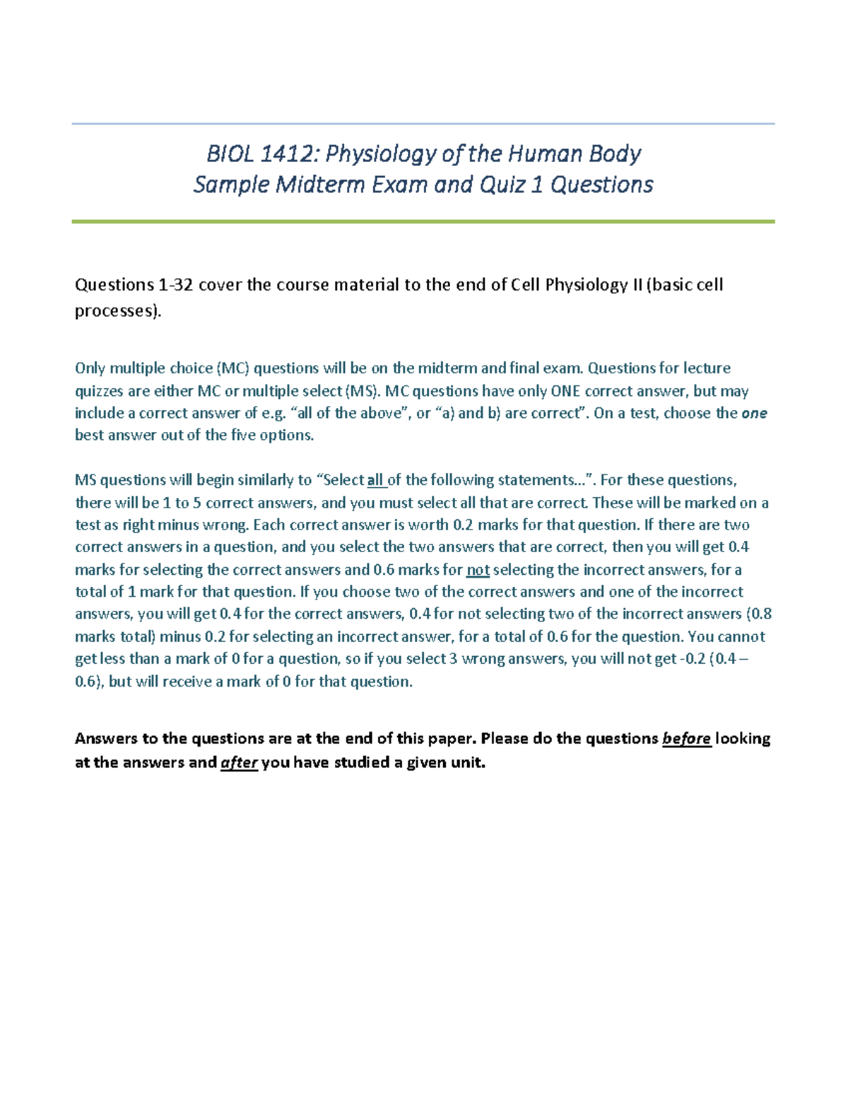 BIOL 1412: Sample Midterm Exam & Quiz 1 Practice Questions - Studocu