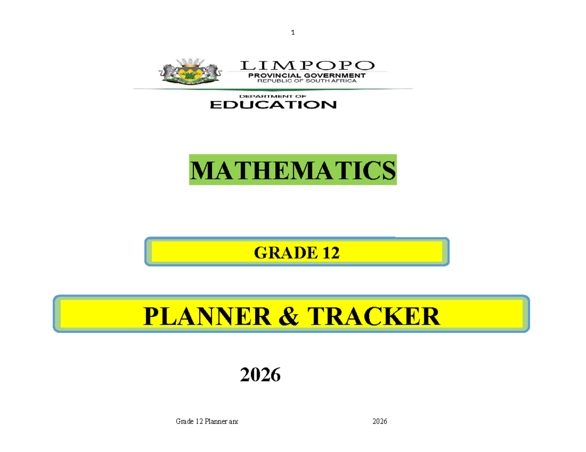 Grade 12 Mathematics Planner & Tracker 2026 - Limpopo DoE - Studocu