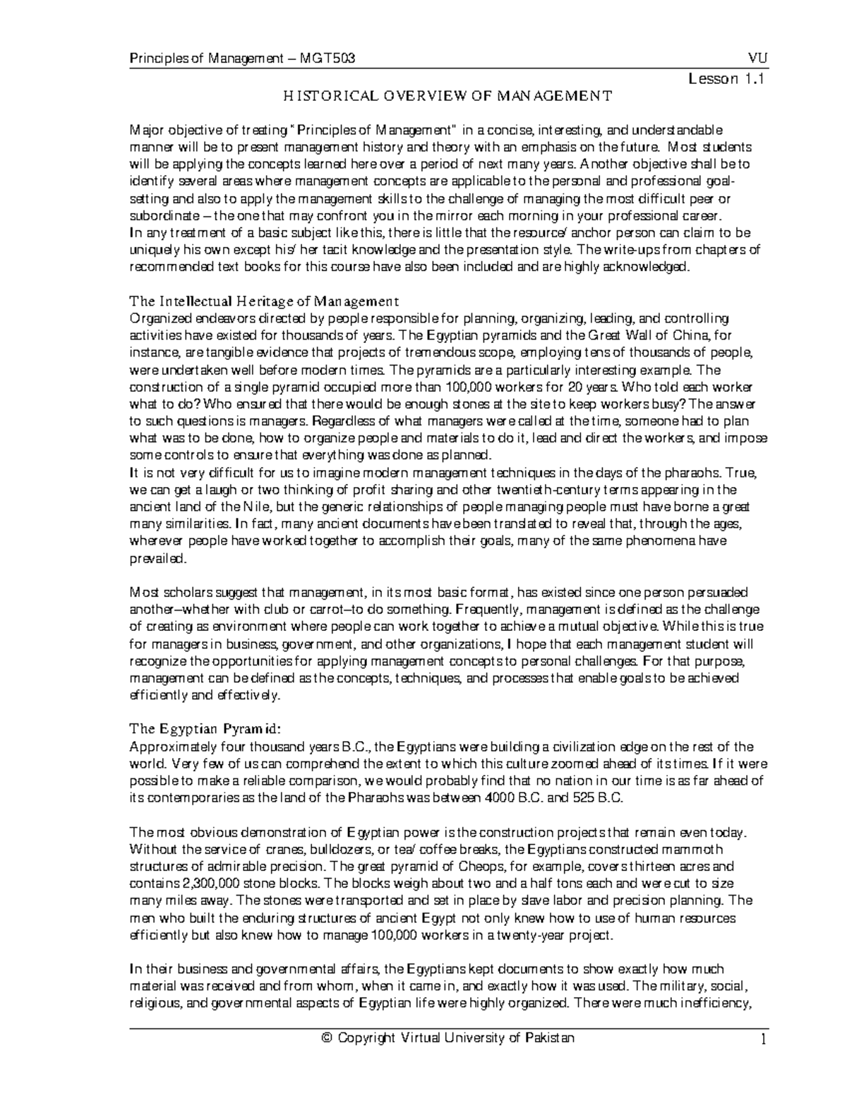 Principles of Management MGT503 VU Lesson 1.1: Historical Overview ...