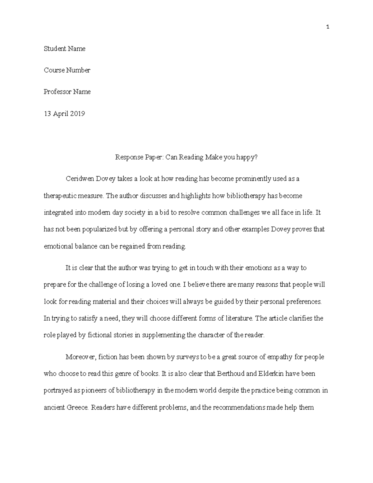 Response Paper: Can Reading Make You Happy? (Course Code) - Studocu