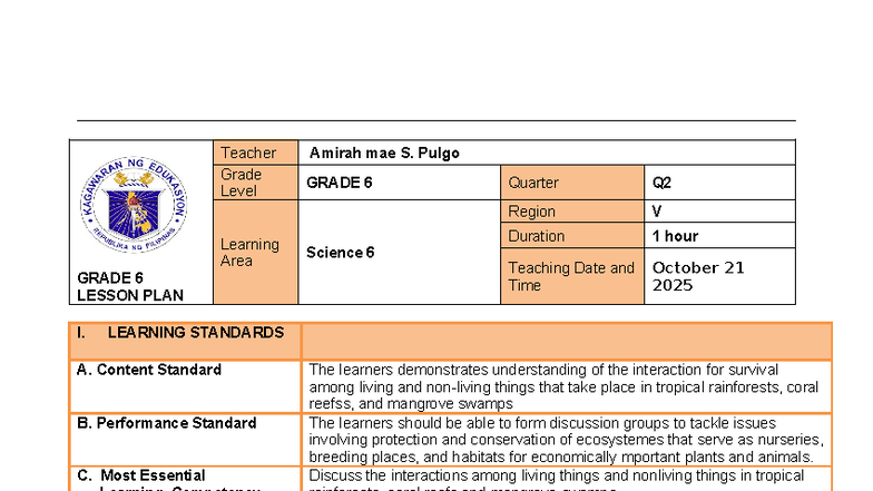 GRADE 6 Science Lesson Plan: Ecological Interactions Q2 - Studocu