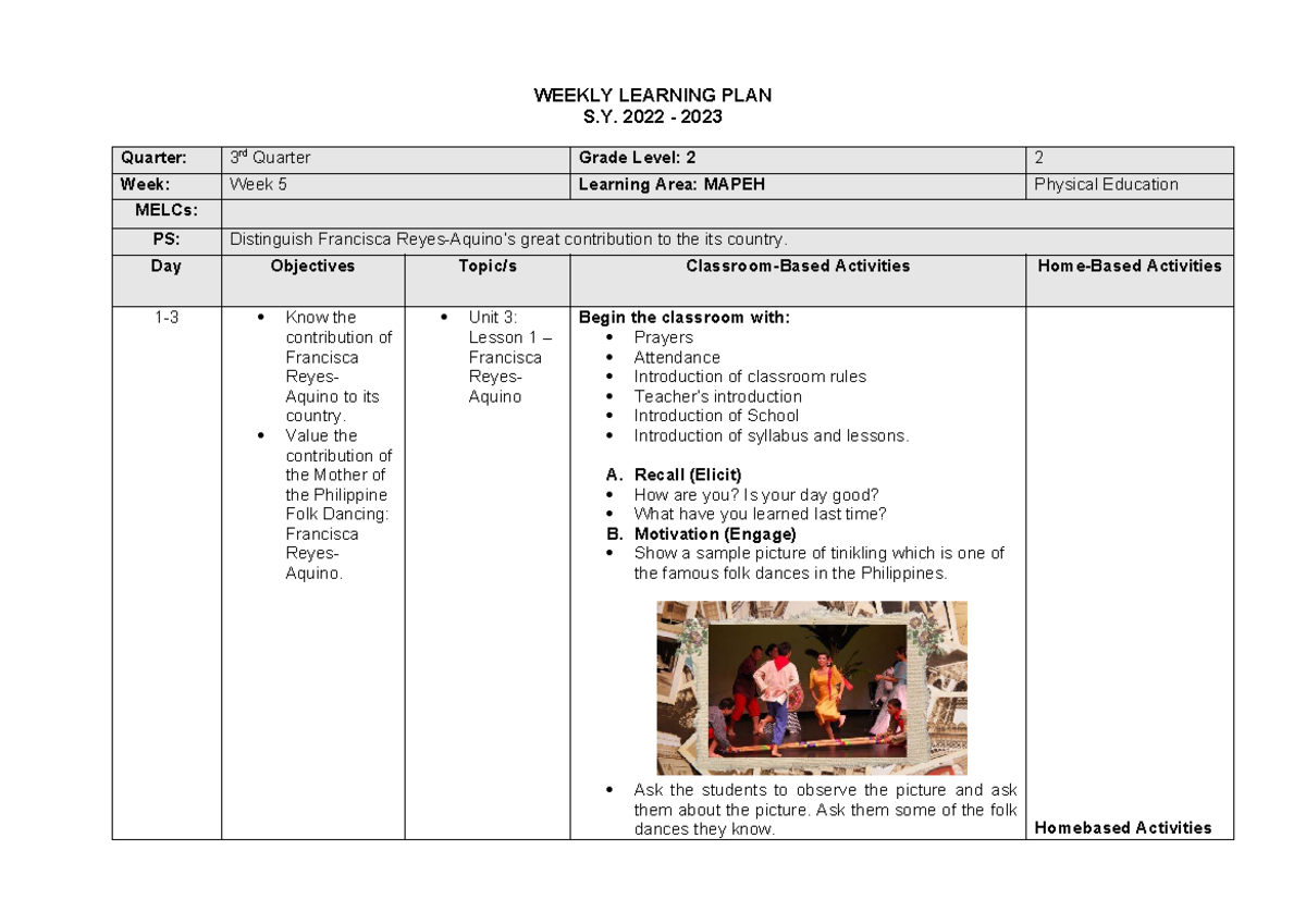 MAPEH 2 Weekly Learning Plan: Week 5 - Francisca Reyes-Aquino - Studocu