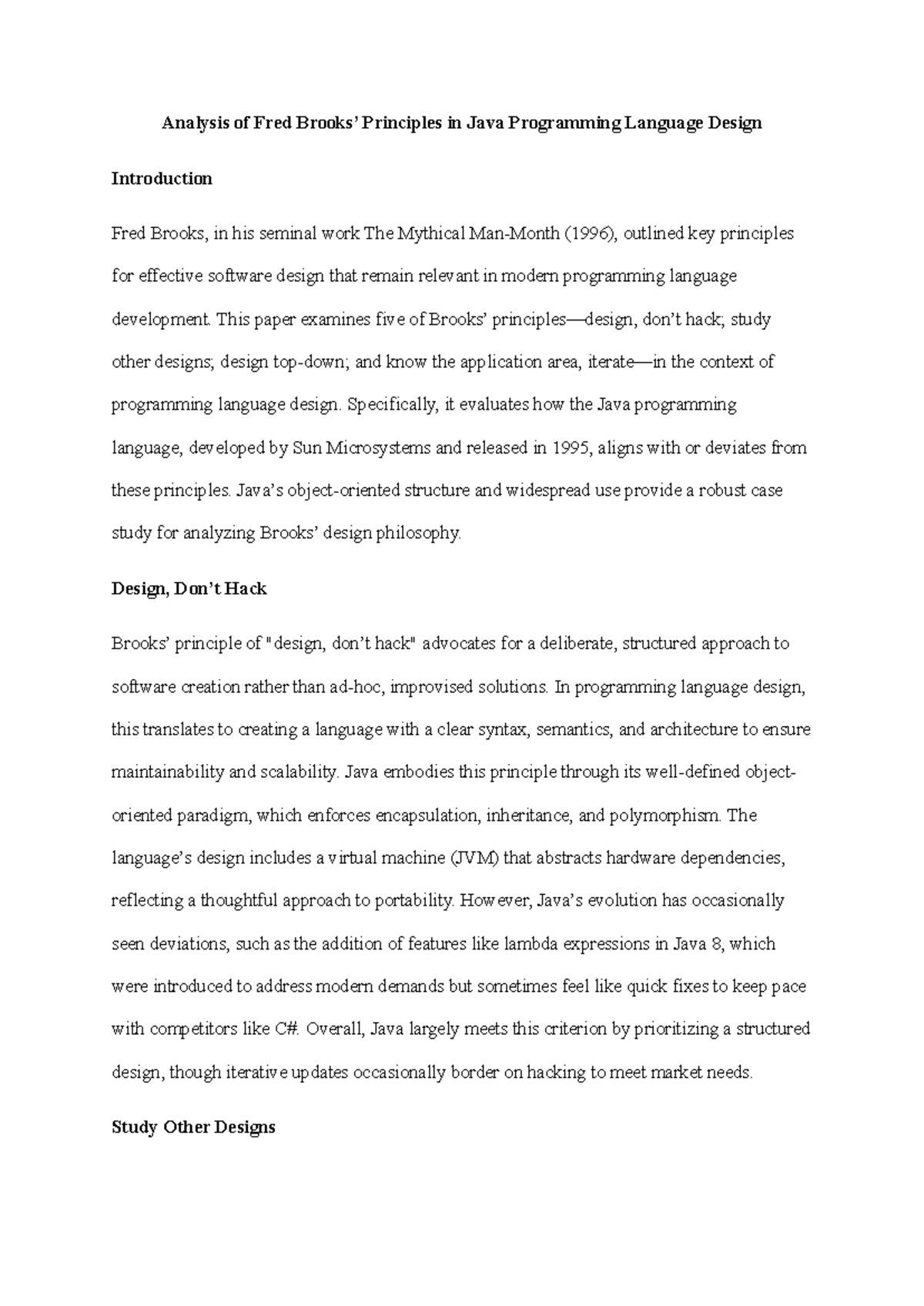 Analysis of Fred Brooks' Principles in Java Design (CS101) - Studocu