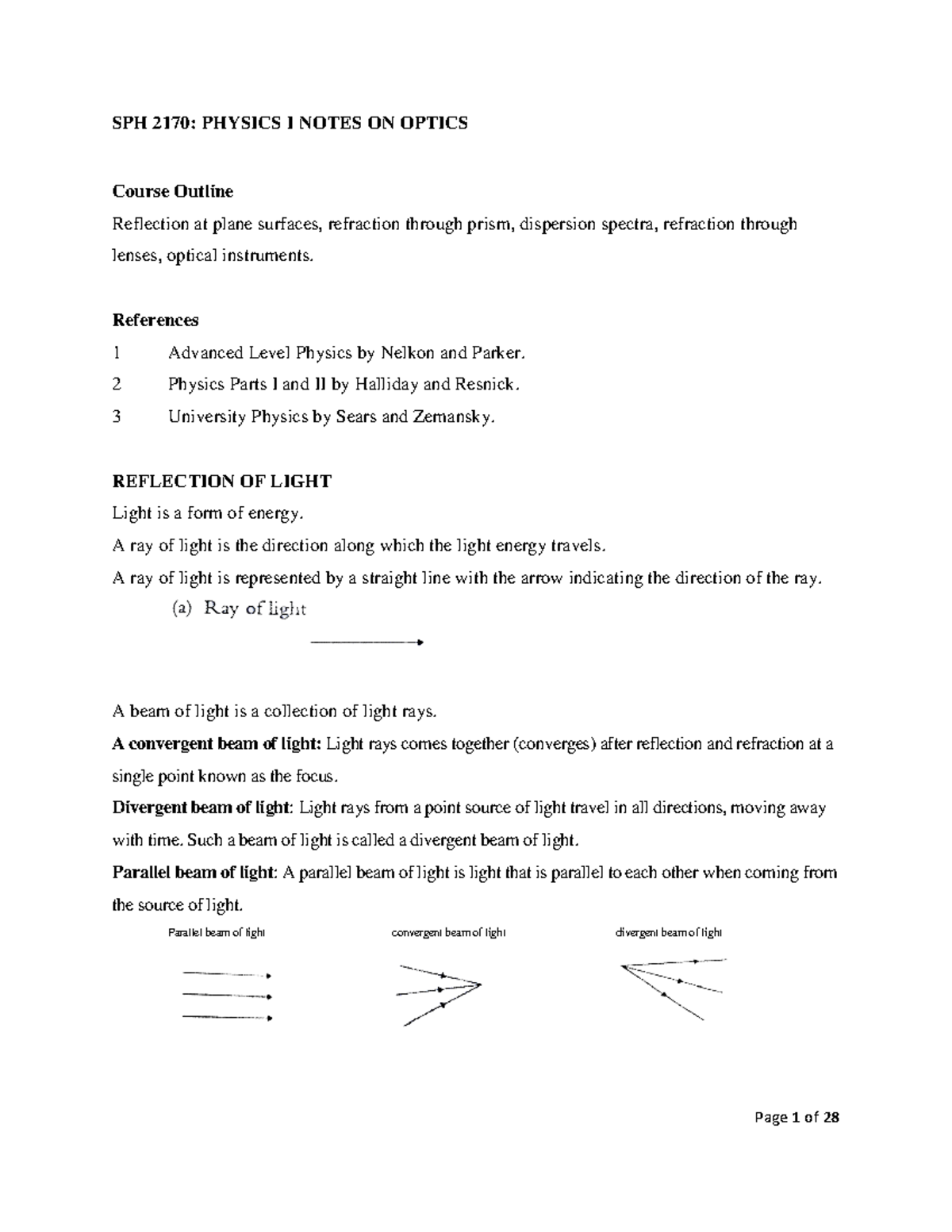 SPH 2170: Physics I Lecture Notes on Optics Concepts and Refraction ...