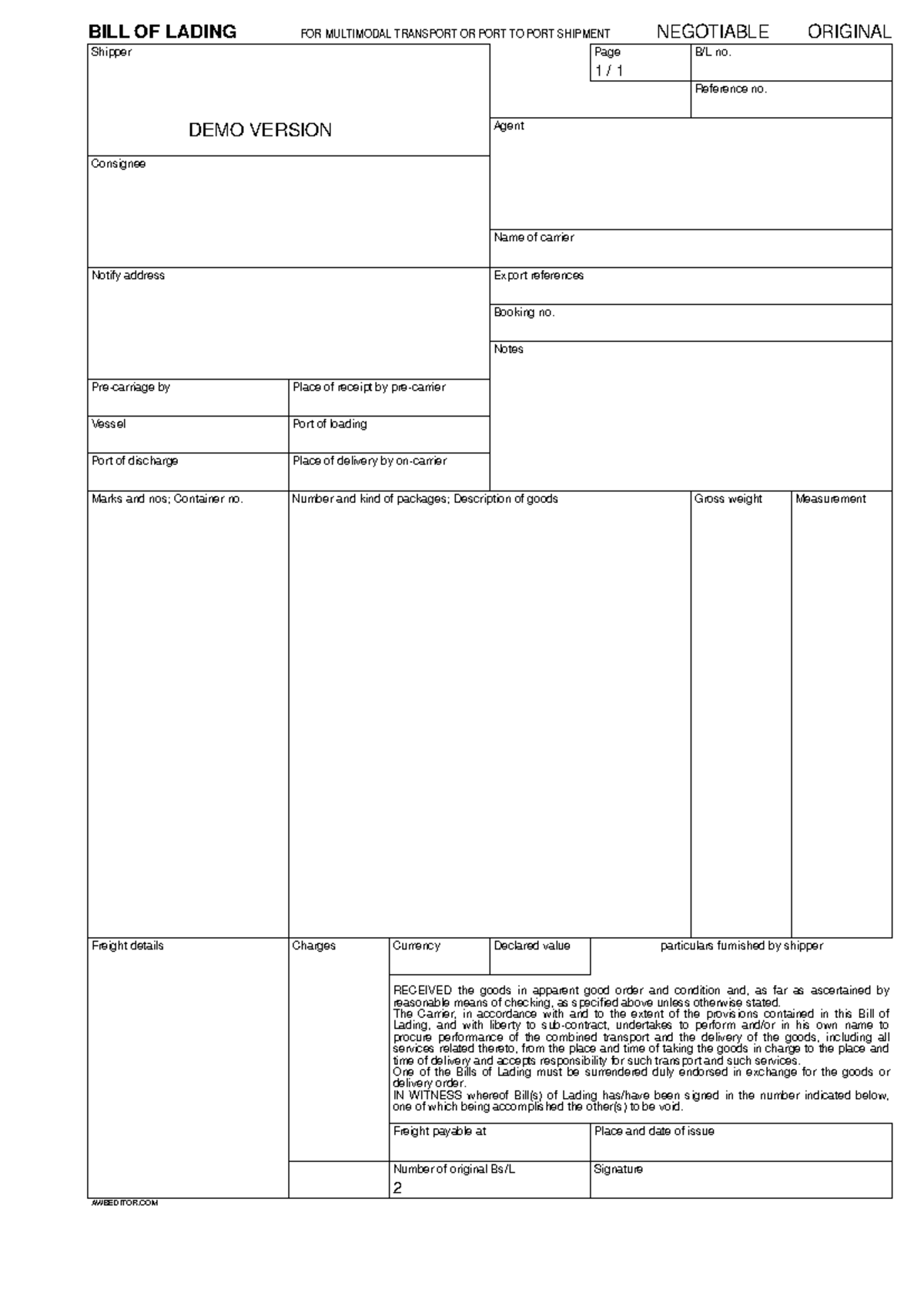 BILL OF LADING FOR MULTIMODAL TRANSPORT - DEMO VERSION - Studocu