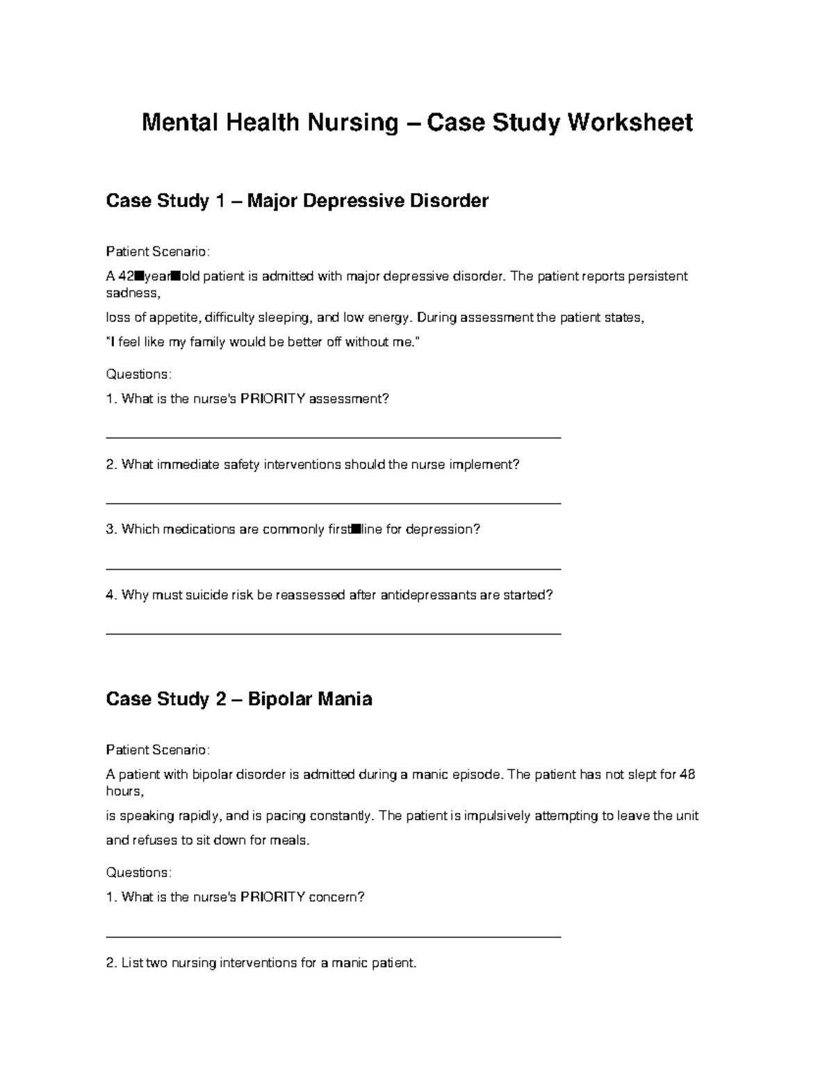 Mental Health Nursing Case Study Worksheet: Major Depressive Disorder ...