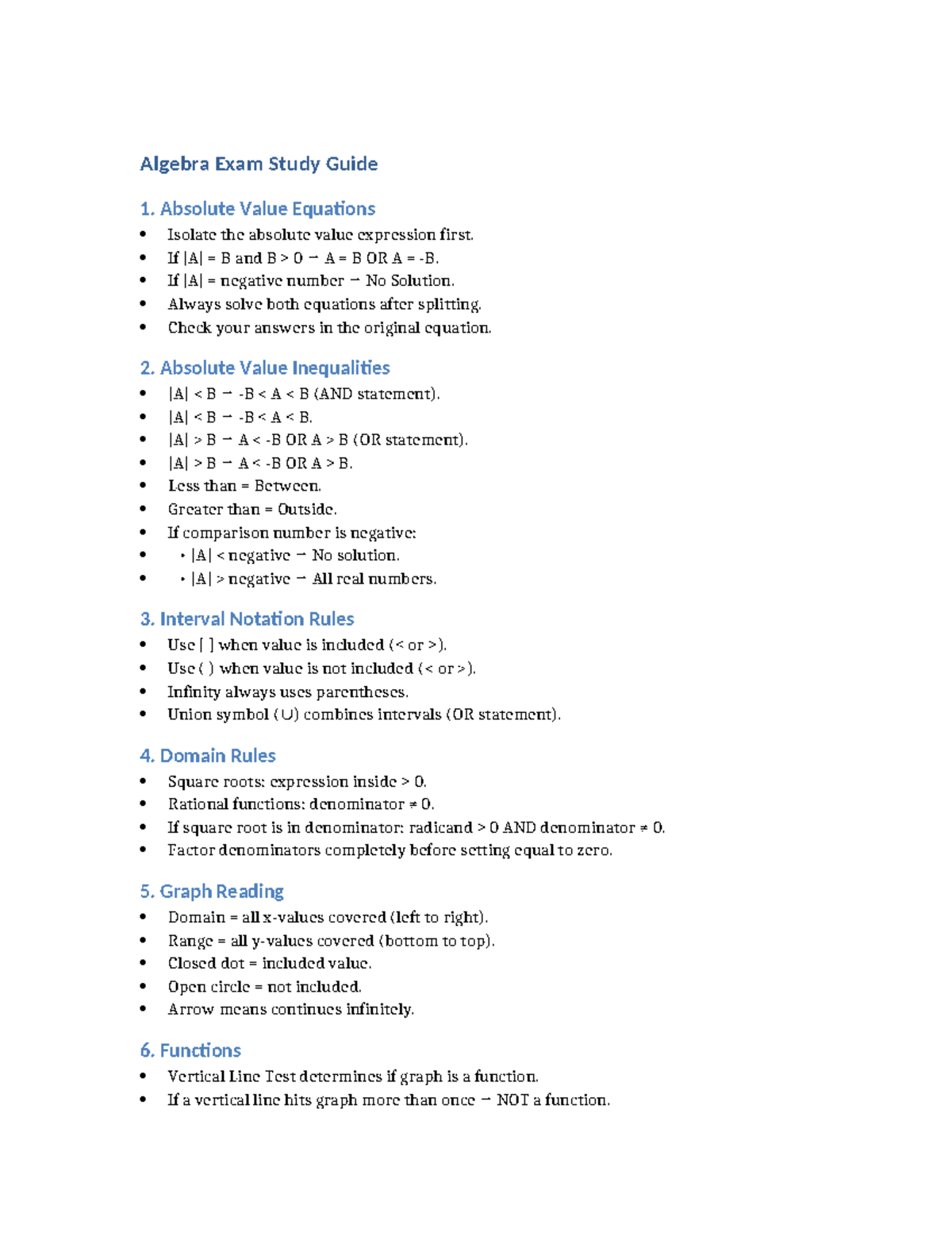 Algebra Exam Study Guide: Absolute Value & Functions Overview - Studocu