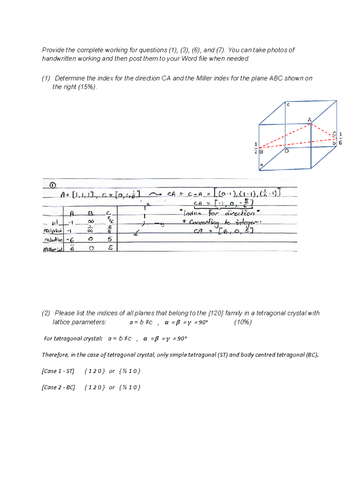 Materials Assignment 1: Working Solutions for Questions 1, 3, 6, and 7 ...