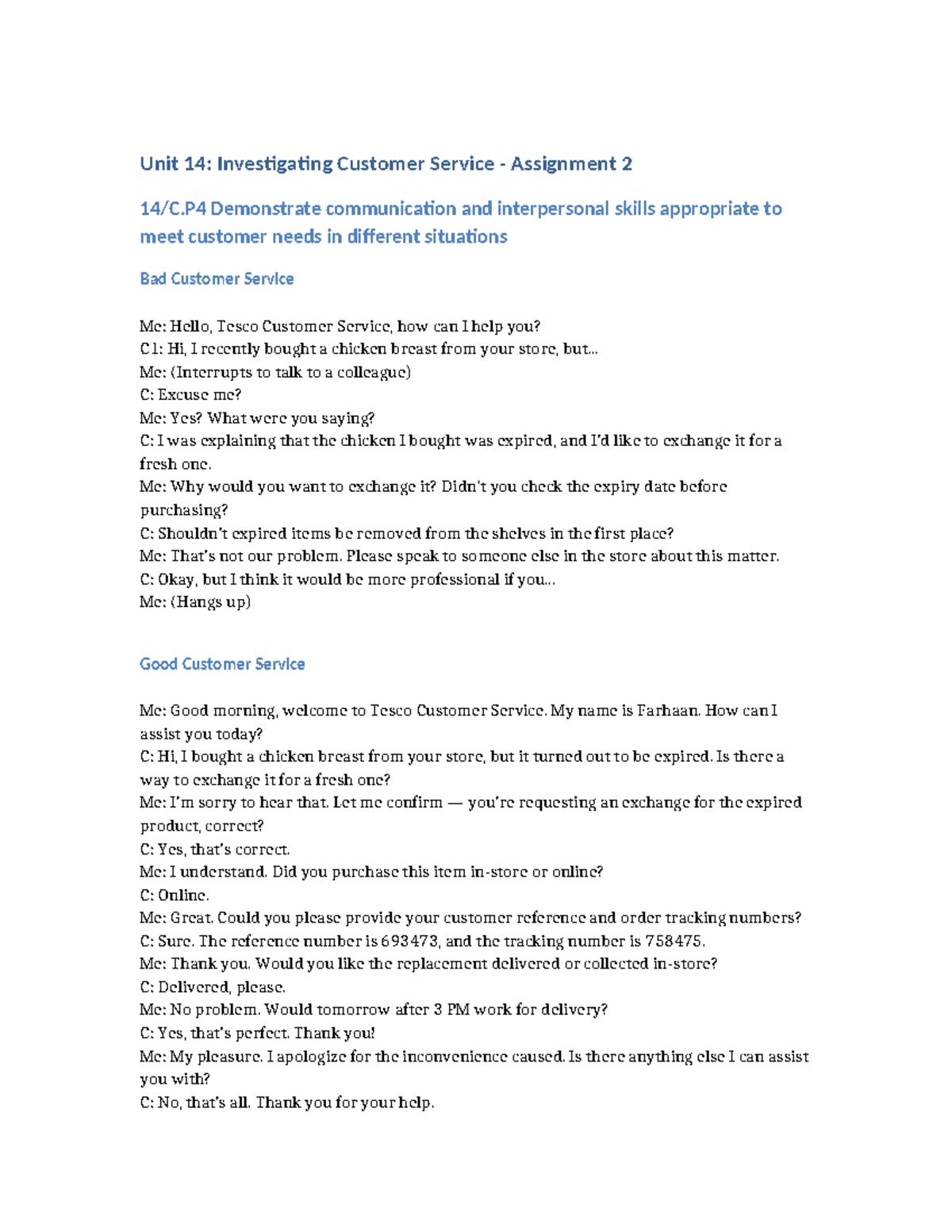 Unit 14: Customer Service Communication Skills - Assignment 2 - Studocu