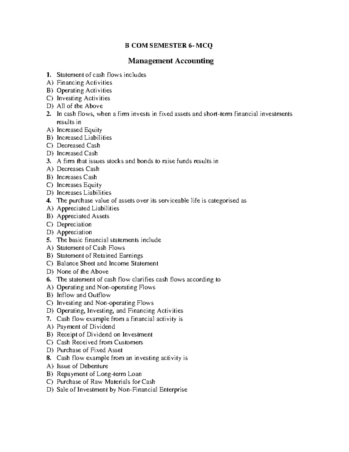 MCQ on Management Accounting for B Com Sem 6: Comprehensive Guide - Studocu