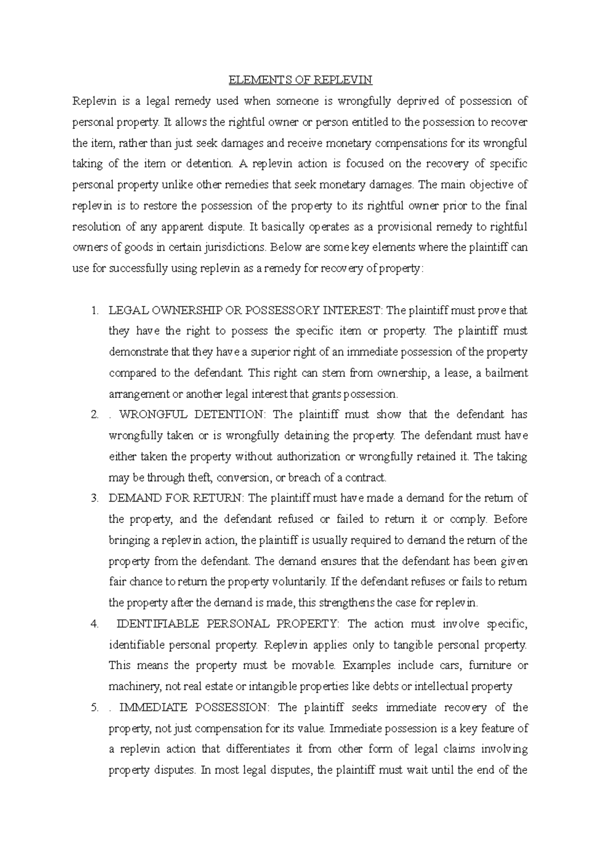 Elements of a Replevin Action: Key Aspects and Legal Framework - Studocu