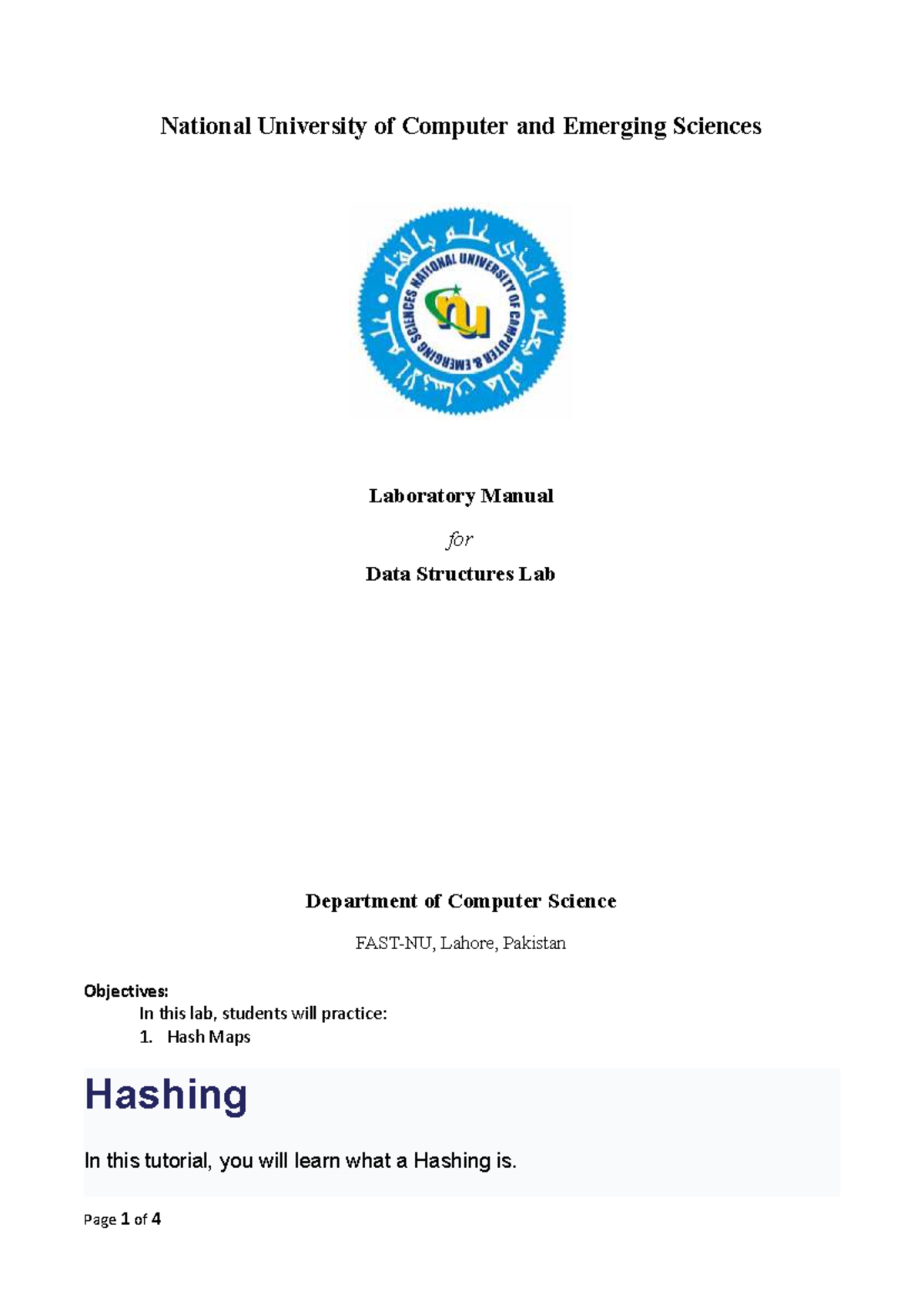 Data Structures Lab Manual: Hashing Techniques (CS-101) - Studocu