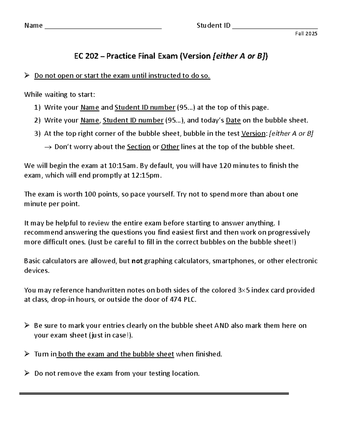 EC 202 Fall 2025 - Practice Final Exam (Version A) - Studocu