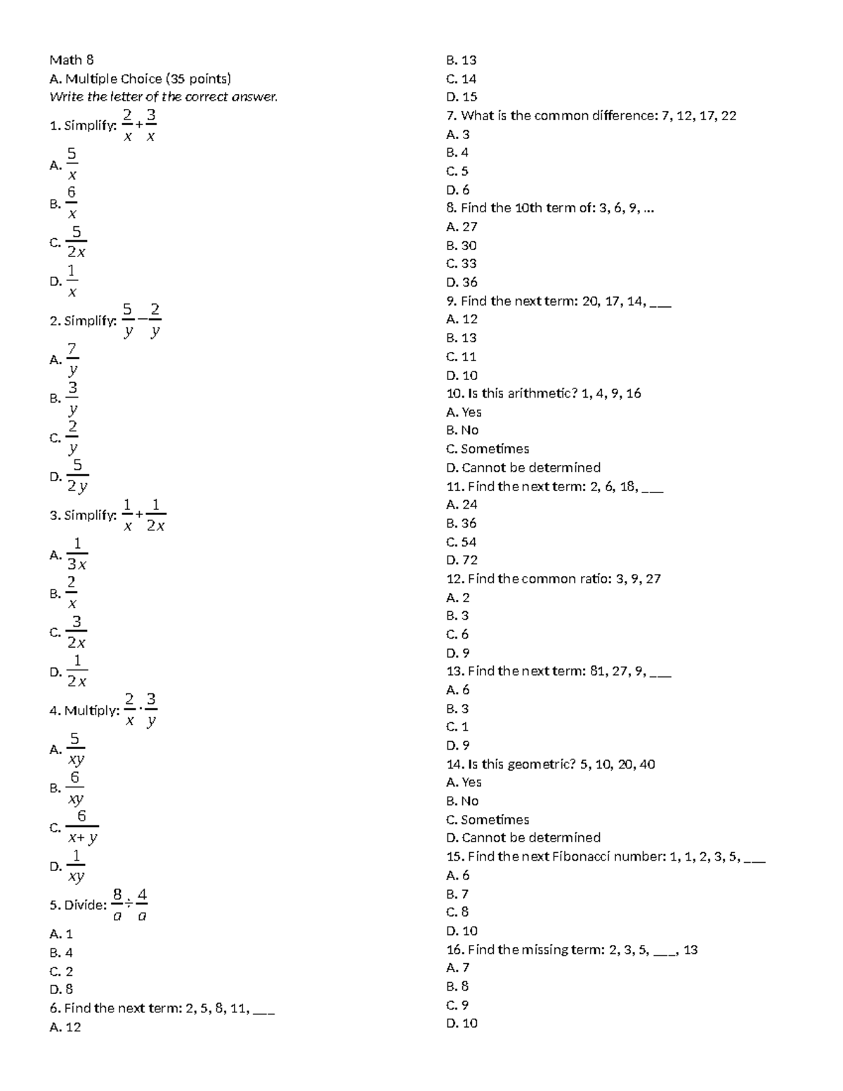 Math 8: Multiple Choice Questions & Answers Guide - Studocu
